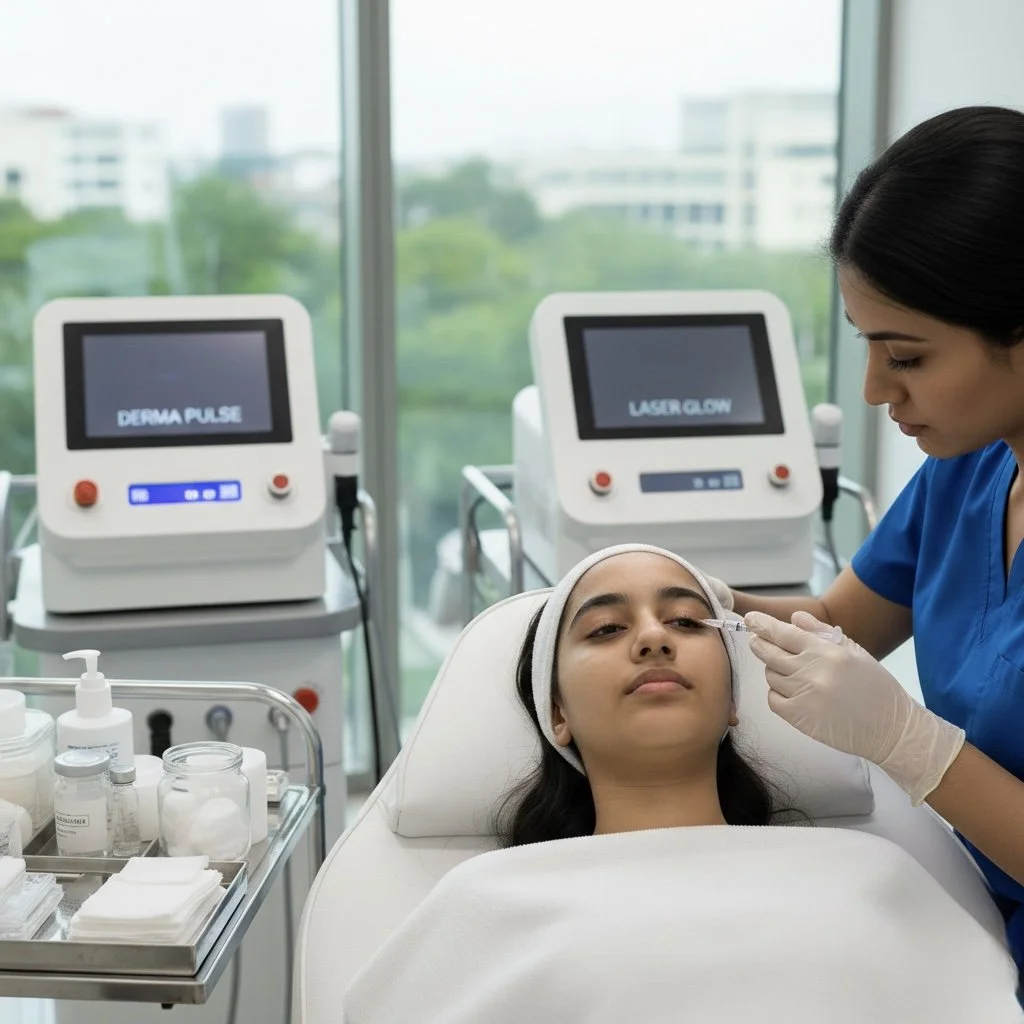 A woman receiving a facial treatment from a healthcare professional in a clinic with derma pulse and laser glow machines in the background.