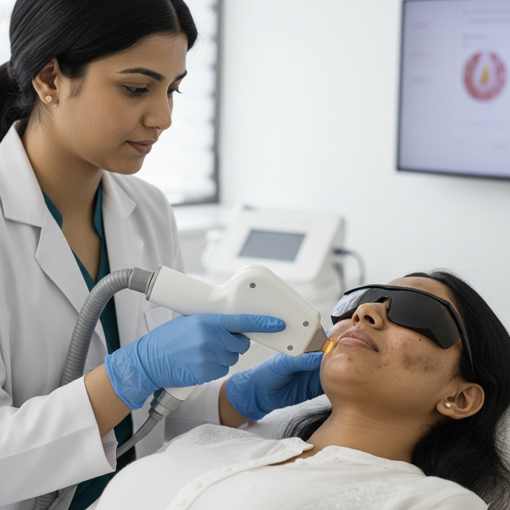A healthcare professional performs a laser skin treatment on a woman lying down with protective glasses in a clinical setting.