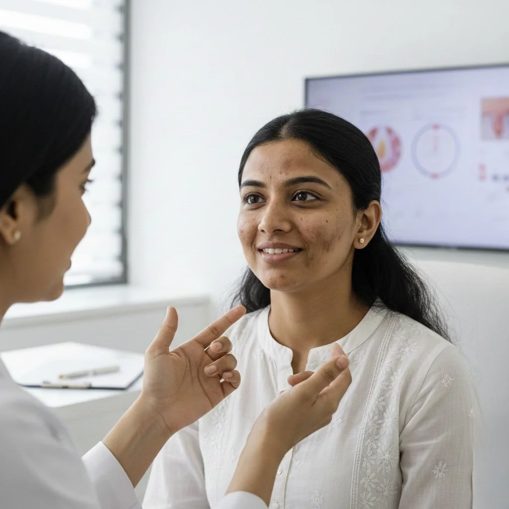 A woman with acne being examined by a healthcare professional in a clinic