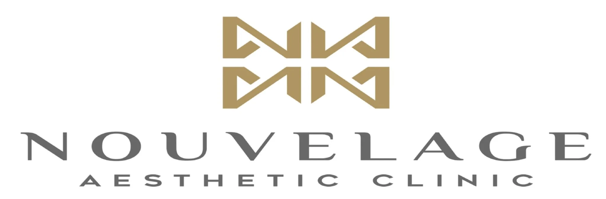 Logo of Nouveauage Aesthetic Clinic featuring a gold geometric butterfly icon above the clinic name in gray text.