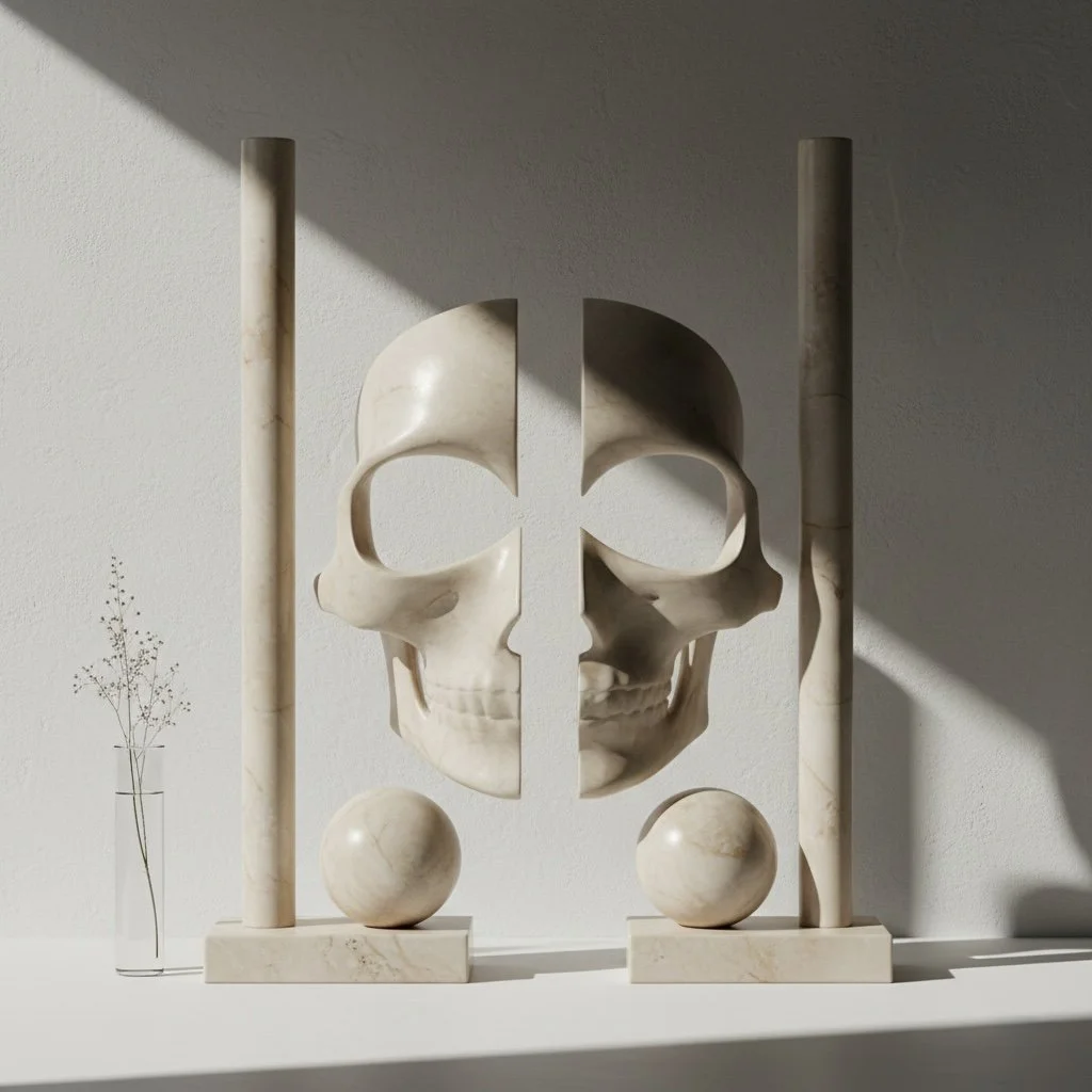 A decorative art piece consisting of a split skull sculpture made of marble, flanked by two marble pillars, with two marble spheres underneath, all arranged on a marble base against a plain wall with shadow and a small vase with delicate branches on the side.