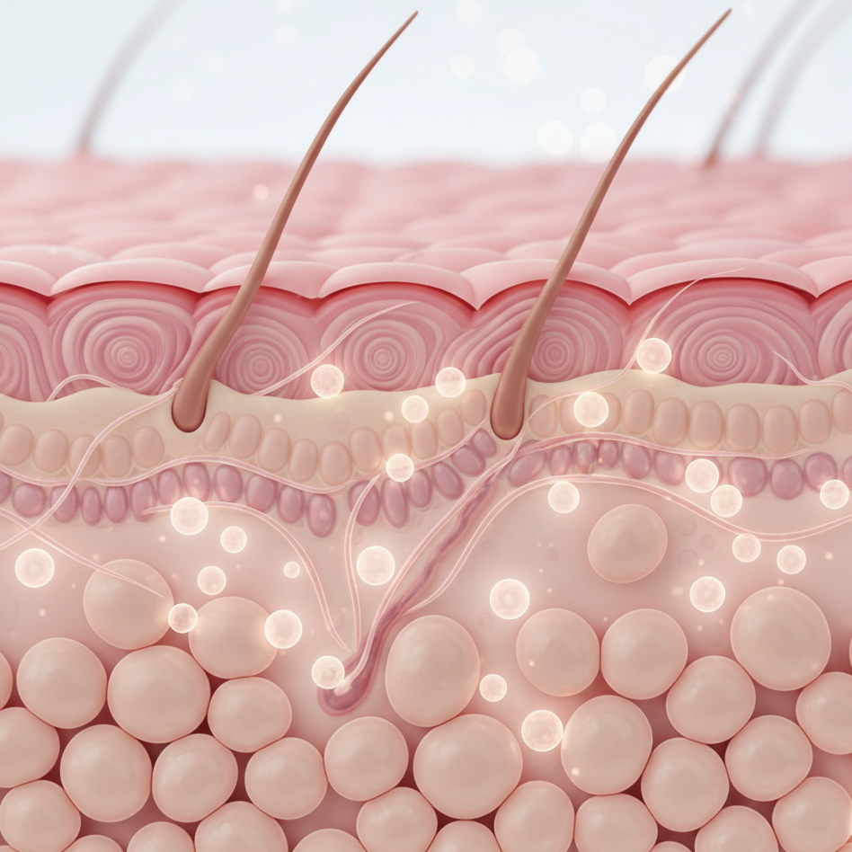 Close-up illustration of skin with hair follicles, sebaceous glands, and layers of epidermis, showing hair growth and skin structure.