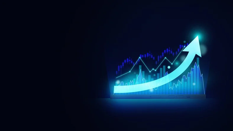 Digital line graph with upward trend arrow indicating growth or success.