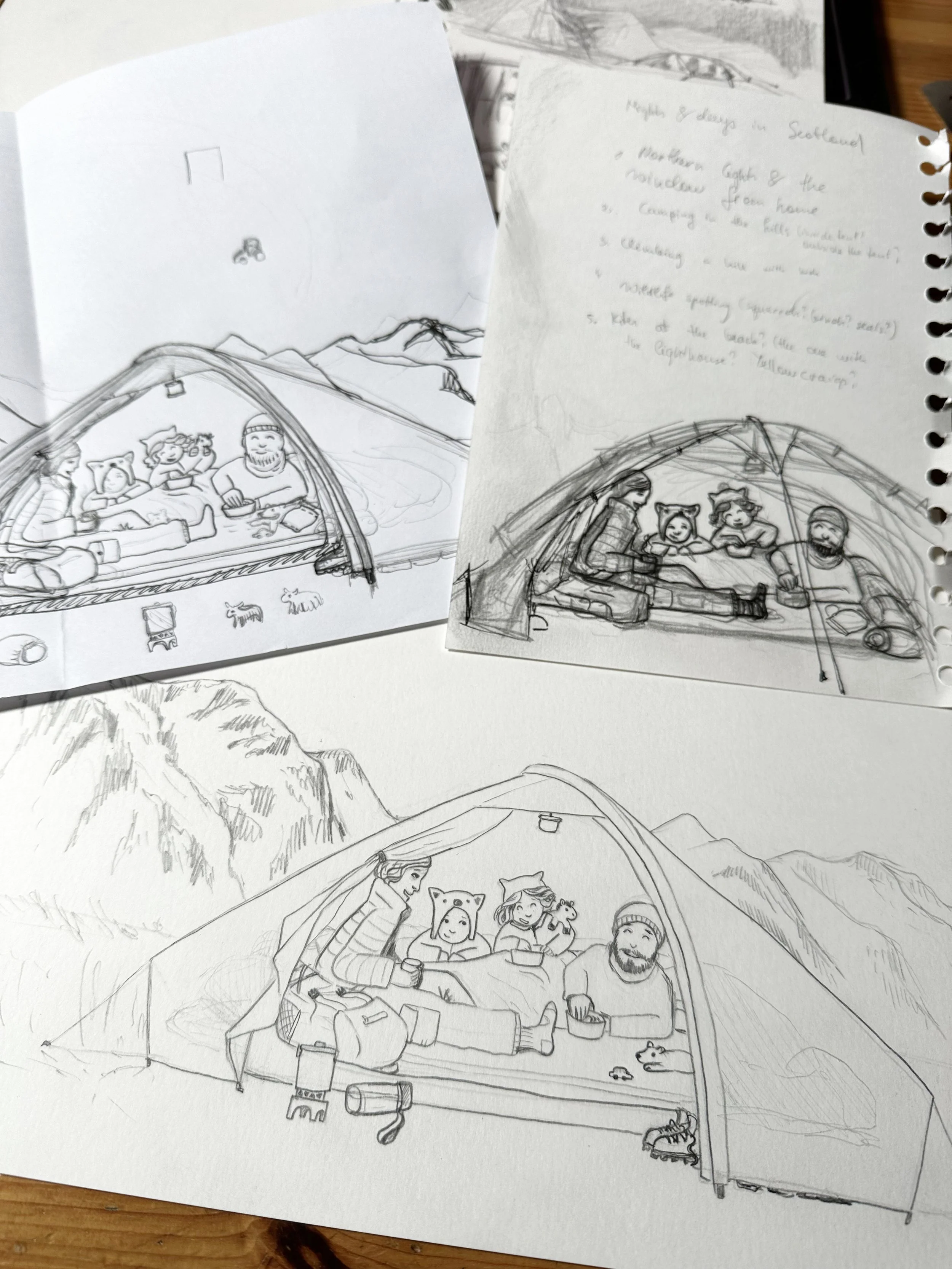 three sketches of a family in a tent