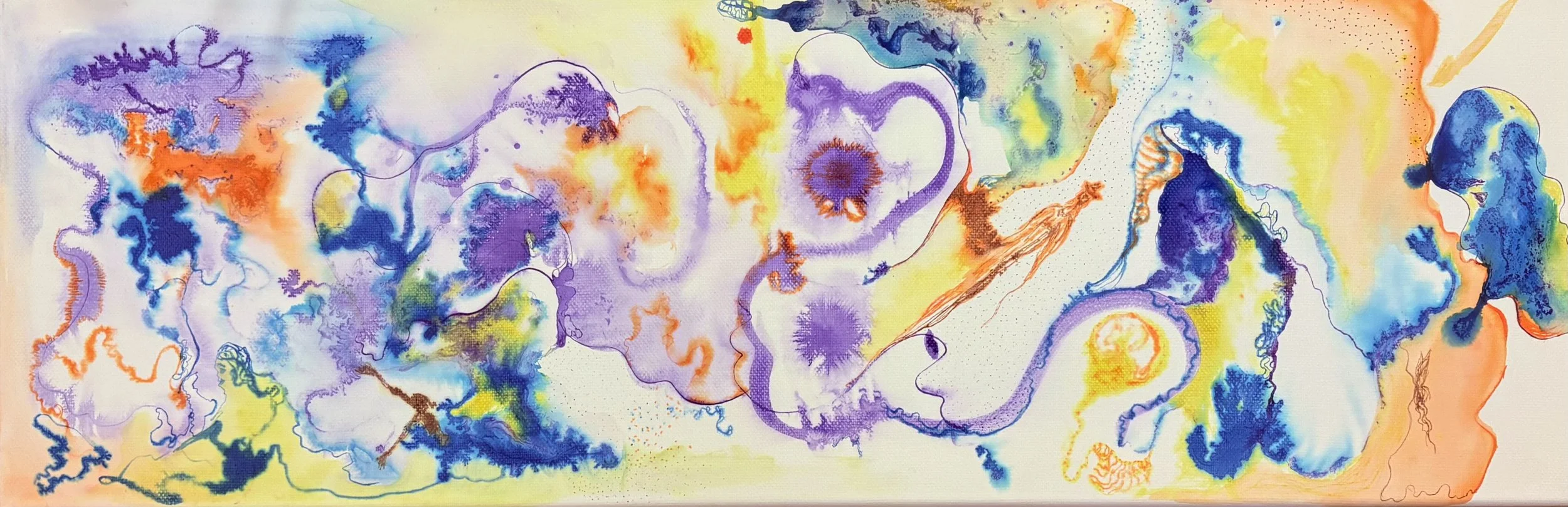 Abstract watercolor painting with vibrant splashes of blue, purple, orange, yellow, and green in a fluid, organic composition.