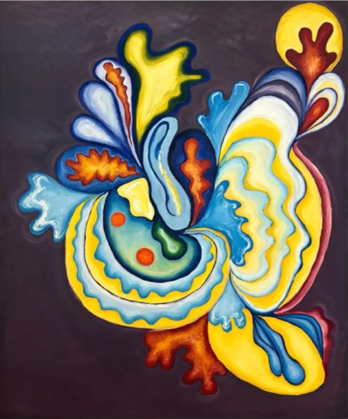 Abstract colorful painting with swirling shapes, yellow, blue, green, red, and orange, on a dark background.