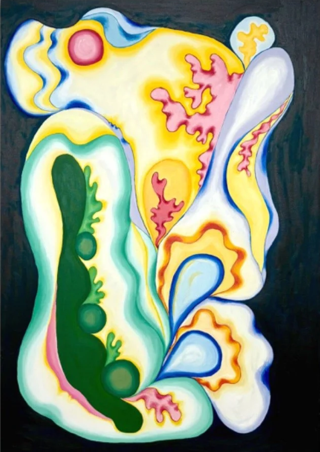Abstract colorful painting with swirling shapes and patterns in yellow, green, pink, blue, and white on a dark background.