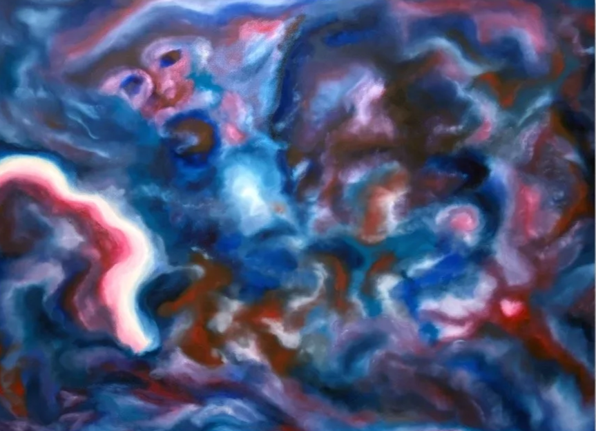 Abstract painting with swirling blue, pink, purple, and red colors.