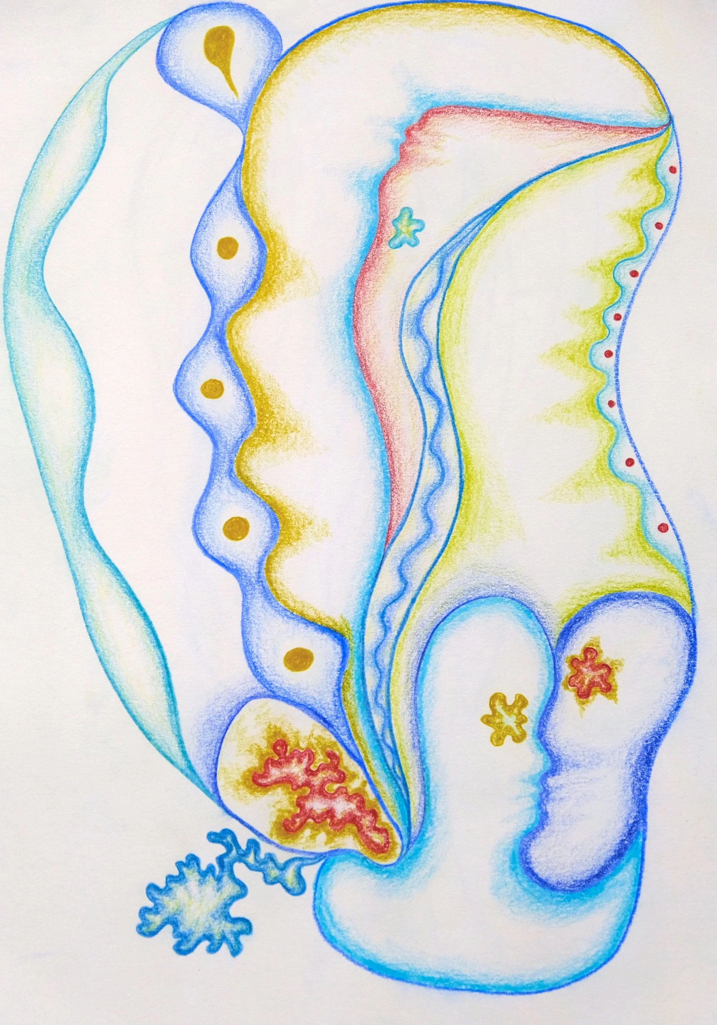 A colorful abstract drawing with various wavy shapes and patterns in blue, yellow, red, and green. The shapes are interconnected, with some resembling biological or organic forms, and some with dotted or textured details.