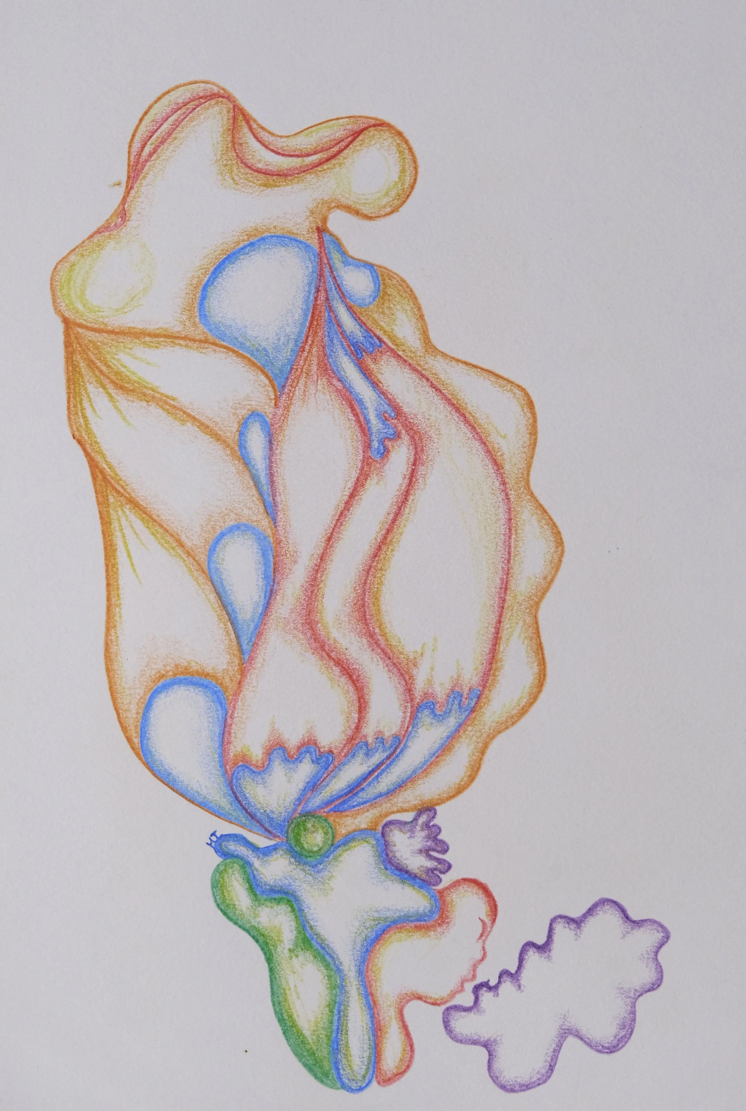 Colorful abstract drawing of the female reproductive system, including the uterus, fallopian tubes, and ovaries, with various parts highlighted in shades of red, blue, green, purple, and orange.