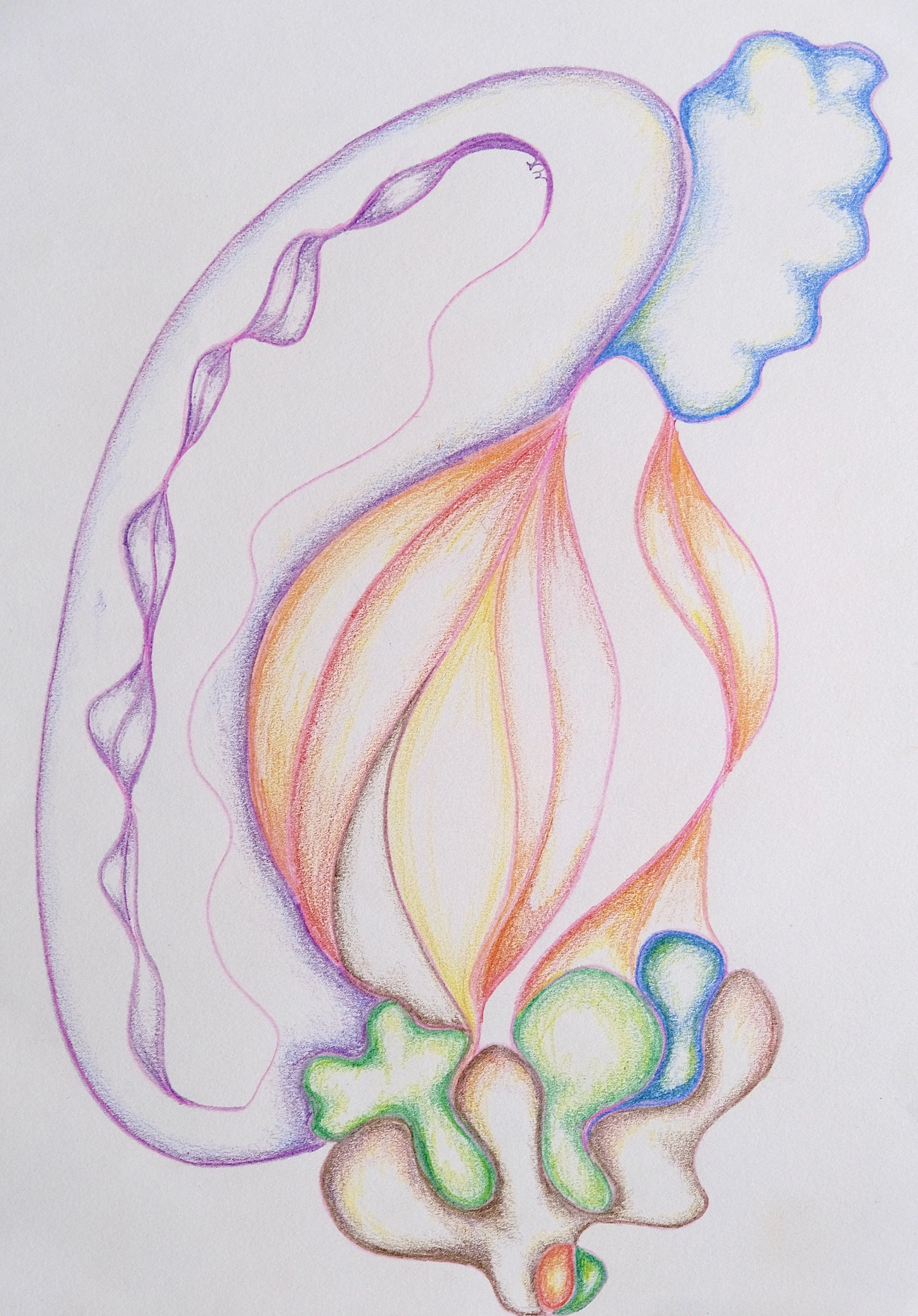 A colorful pastel drawing of a human digestive system, including the stomach, intestines, and other organs.
