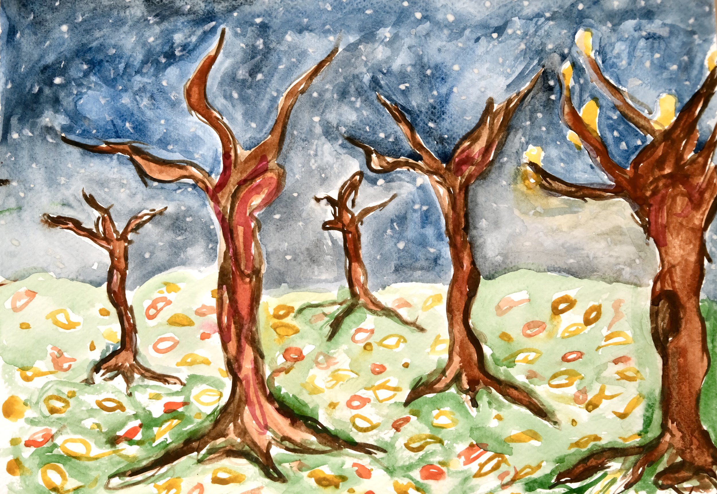 Watercolor painting of a wintery landscape with five leafless trees, a dark snowy sky, and yellow and orange leaves scattered on the ground.