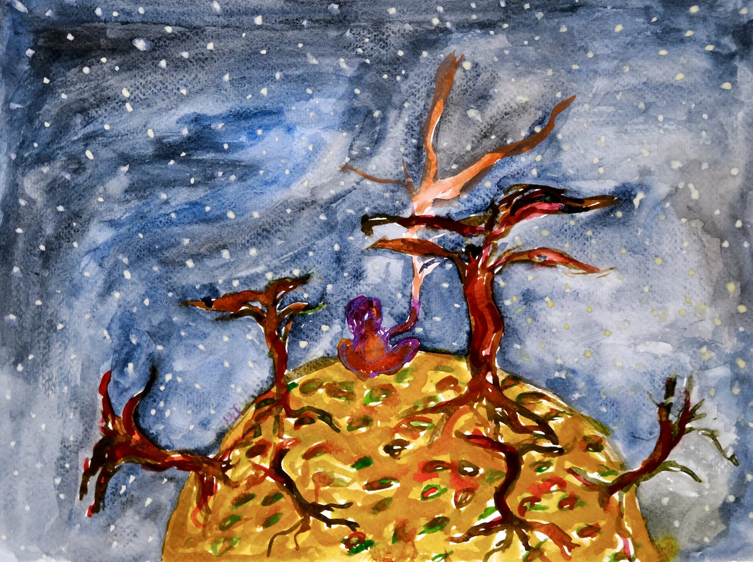Watercolor painting of a small plot of land with colorful bushes and twisted trees, under a starry night sky.