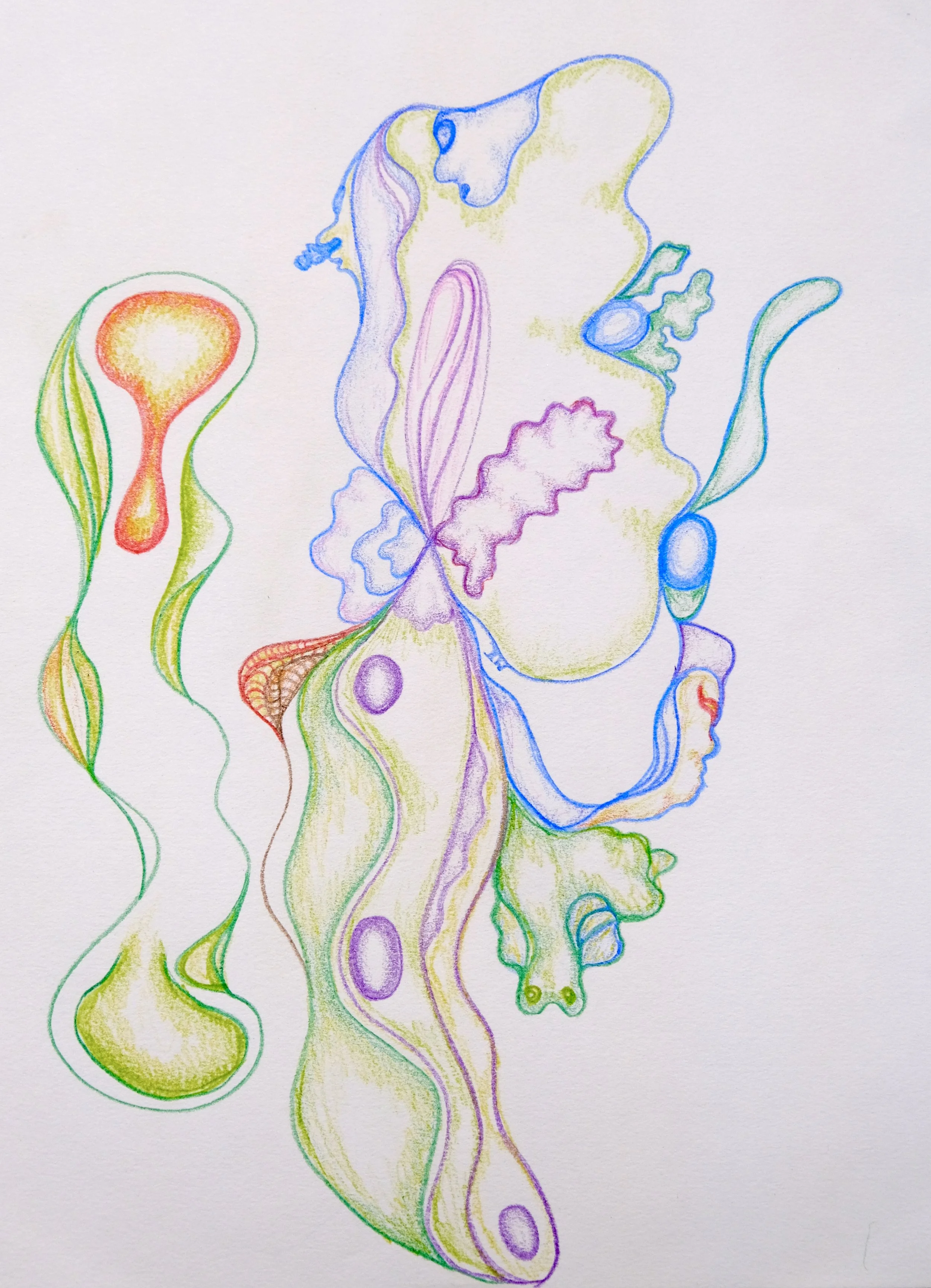 Colorful abstract drawing with flowing shapes and lines in various colors, including purple, yellow, green, and orange.