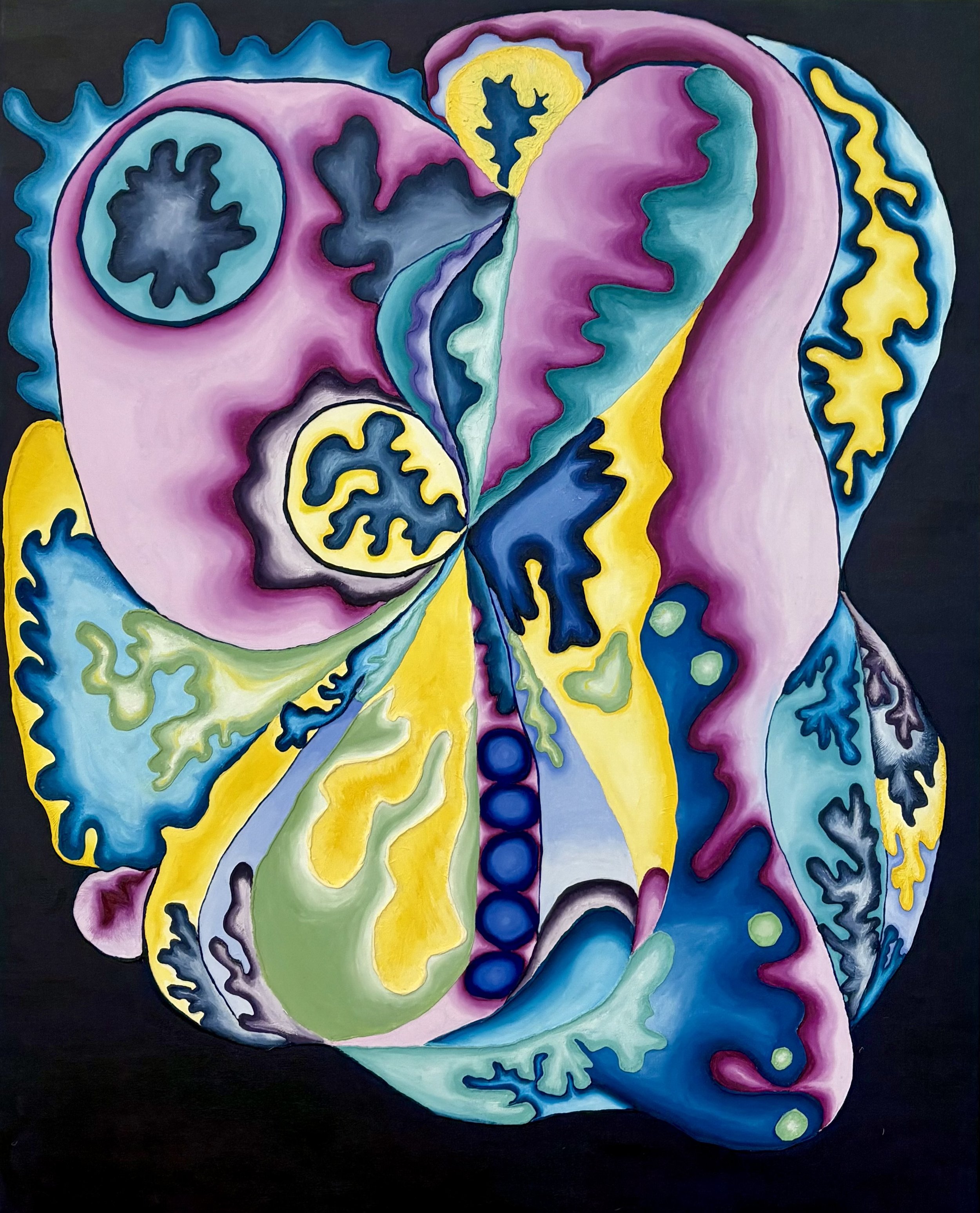 Abstract painting featuring vibrant, swirling patterns in pink, yellow, blue, green, black, and purple, resembling organic shapes with a black background.