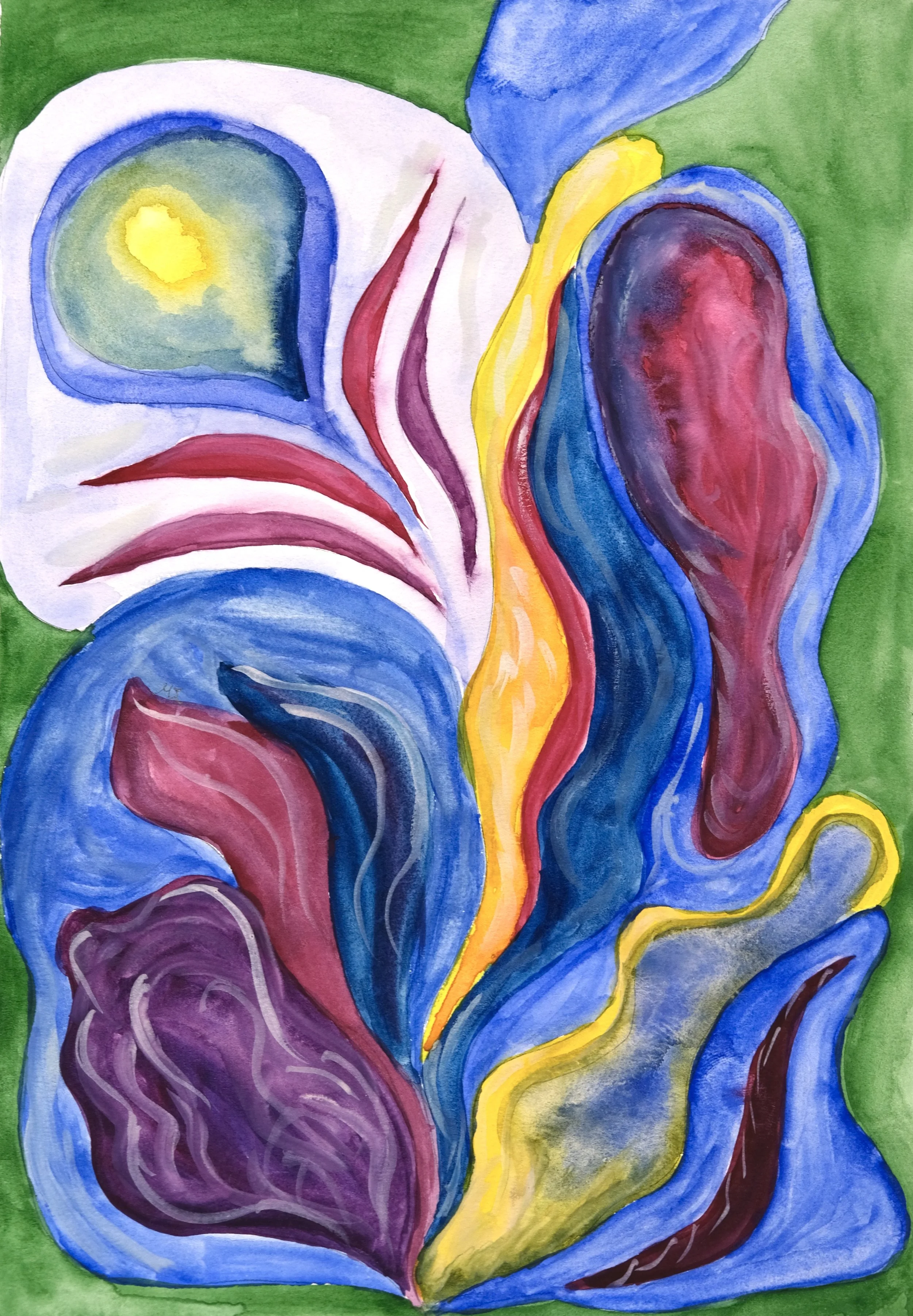 An abstract watercolor painting with flowing shapes and vibrant colors including blue, purple, red, yellow, and green.