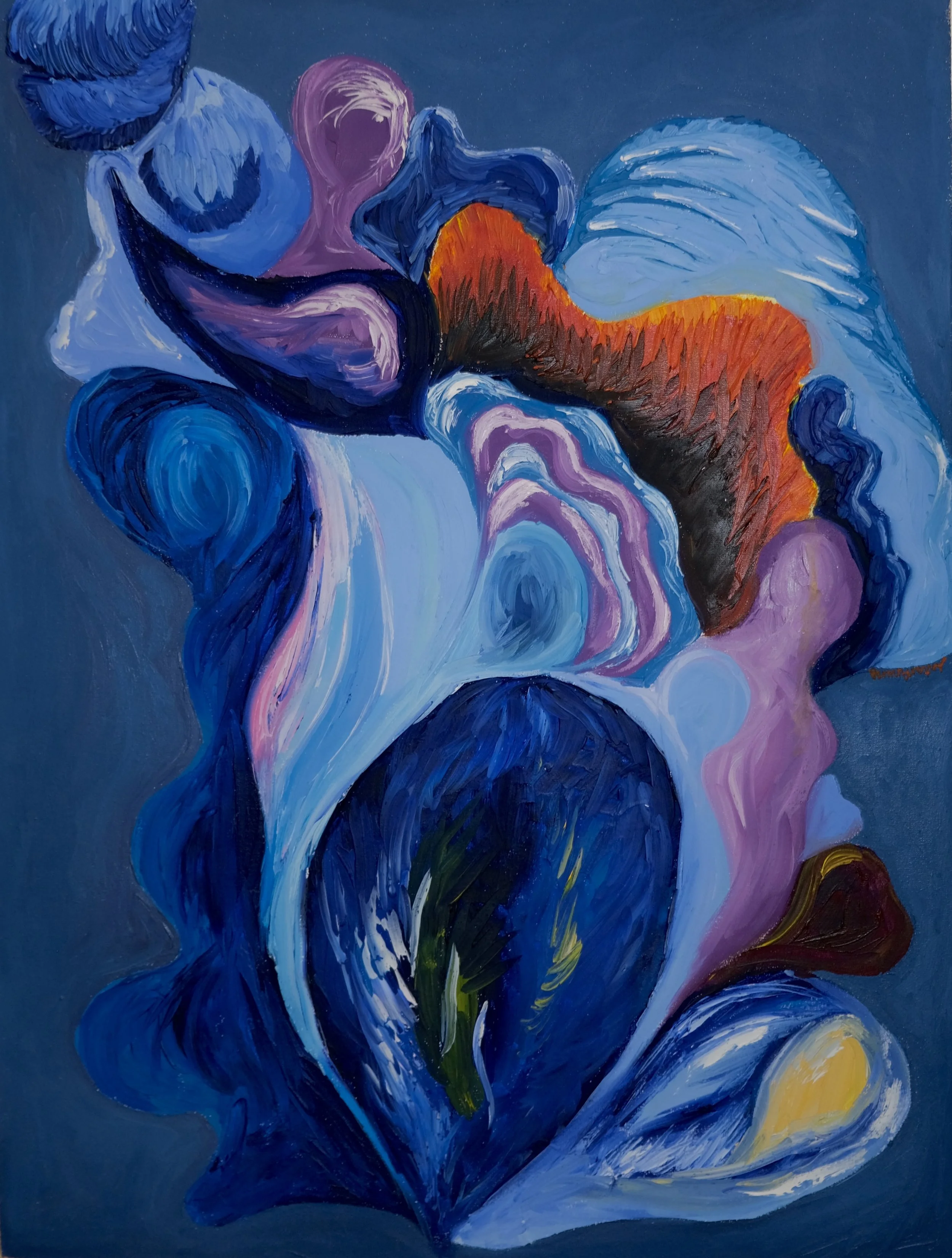 Abstract painting with swirling shapes and bold colors, primarily in shades of blue, purple, orange, black, and yellow.