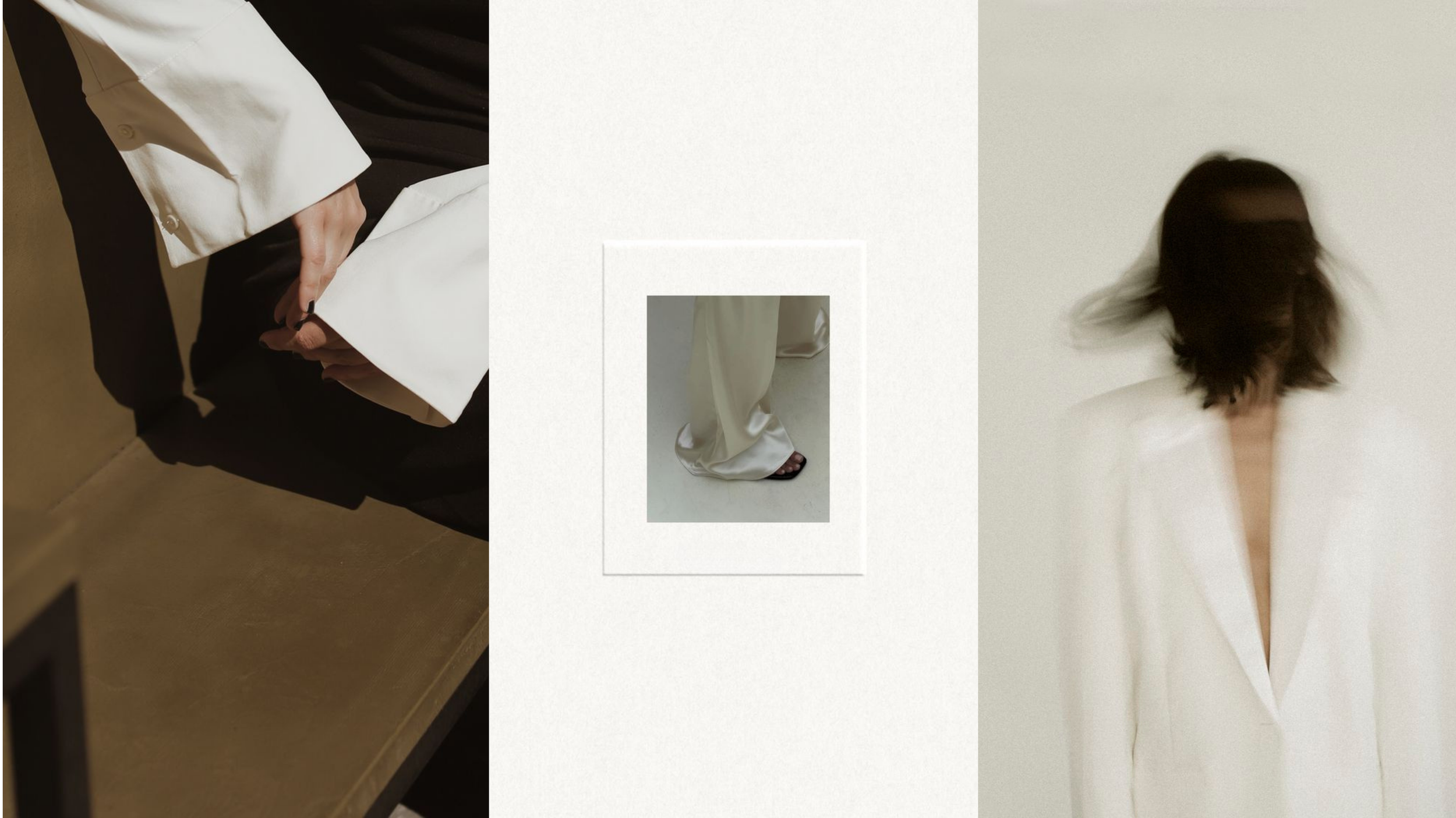 A collage with three images: the left shows a person in a white shirt and black pants sitting on a bench with their hands clasped, the center shows a close-up of legs in satin pants and open-toe black sandals, and the right displays a person with shoulder-length hair wearing a white blazer against a plain background.