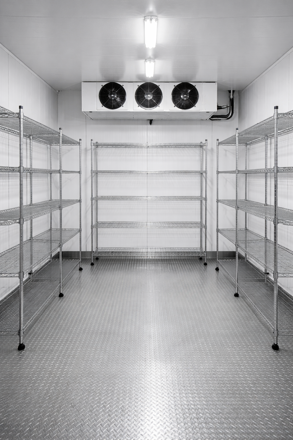 Salle vide avec étagères en métal, murs en panneaux blancs, sol en métal antidérapant, et unité de ventilation avec trois ventilateurs au plafond.
