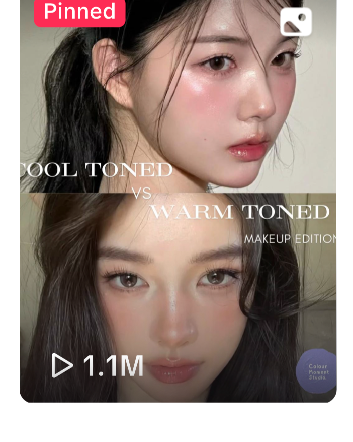 Comparison video showing a woman with cool toned makeup at the top and warm toned makeup at the bottom.