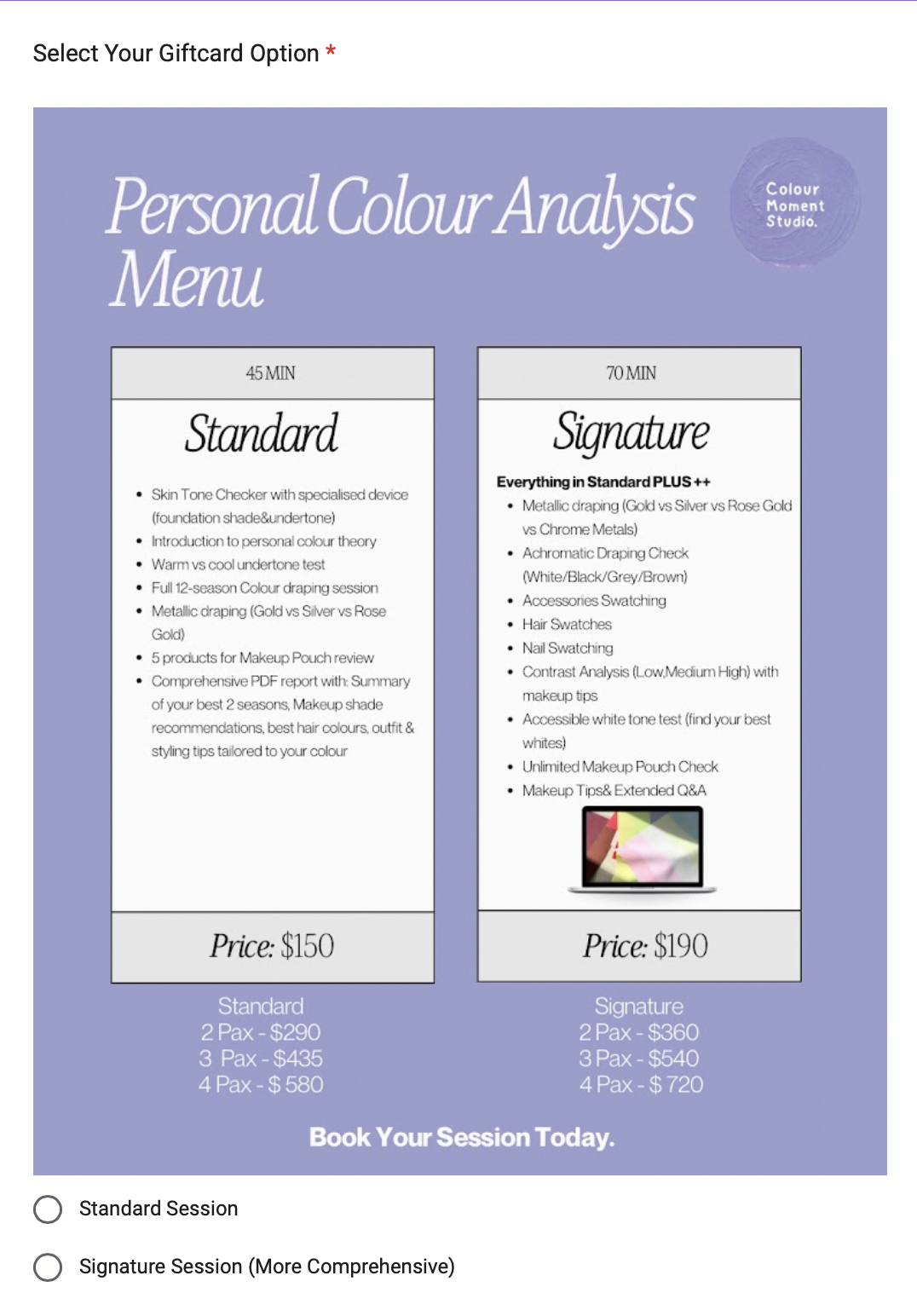 Pricing and details for two personal colour analysis sessions: Standard and Signature, with durations of 45 and 70 minutes respectively, including features and prices, with booking options