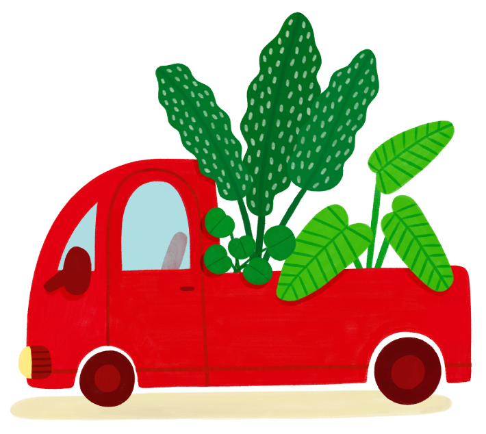 Une illustration d'une petite voiture rouge transportant différentes plantes vertes dans sa caisse.