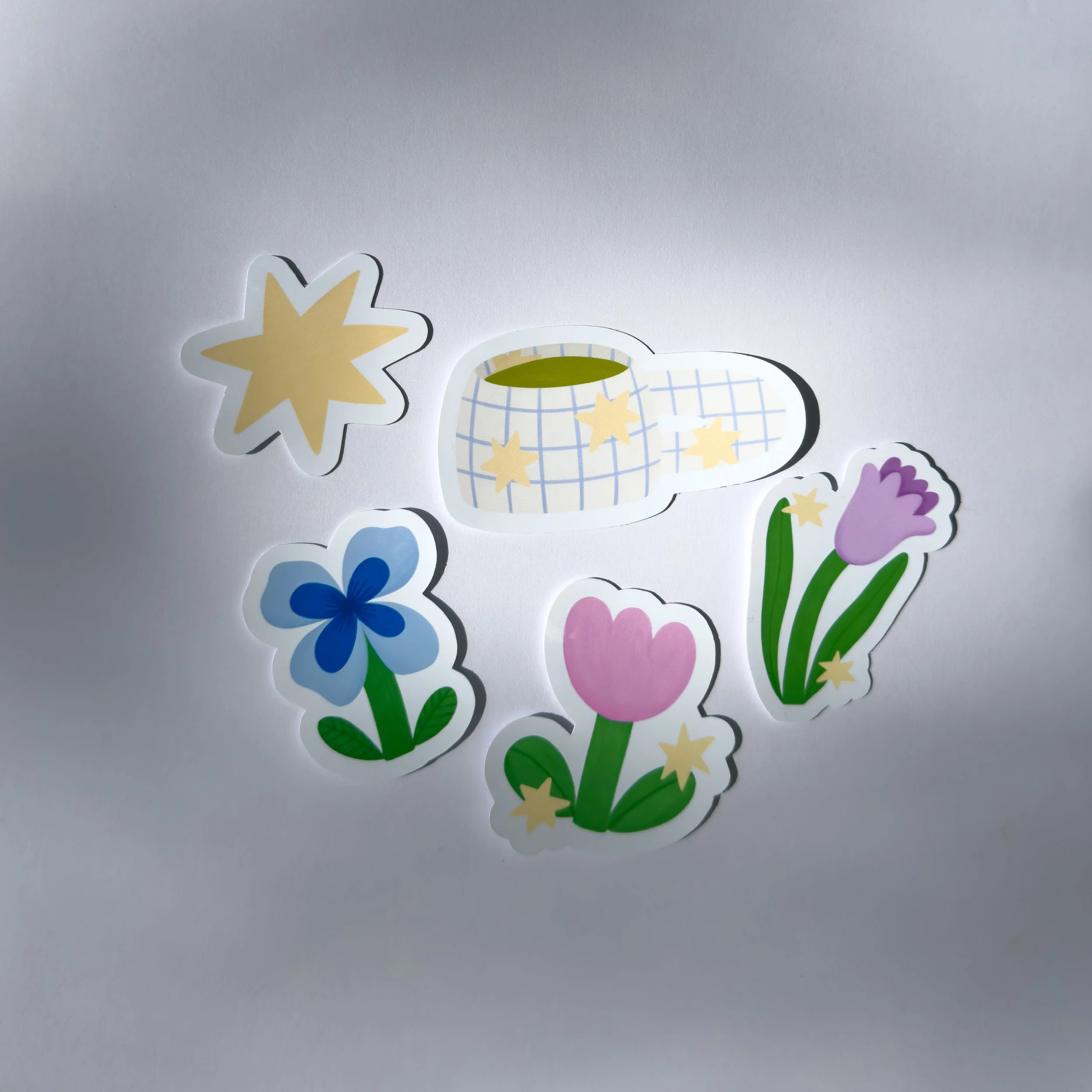 Pack de stickers composé d'une pensée, un crocus, une tulipe, une tasse de match et une étoile.