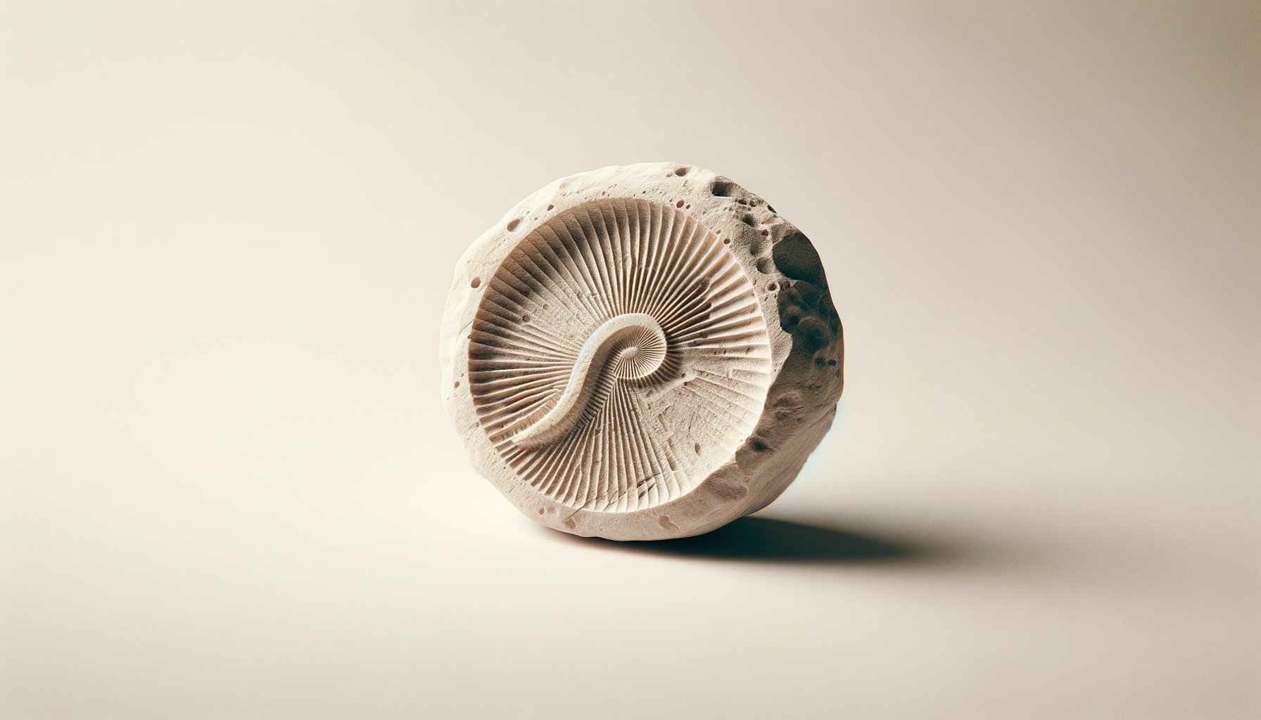 A fossilized shell with a spiral pattern on a light background.