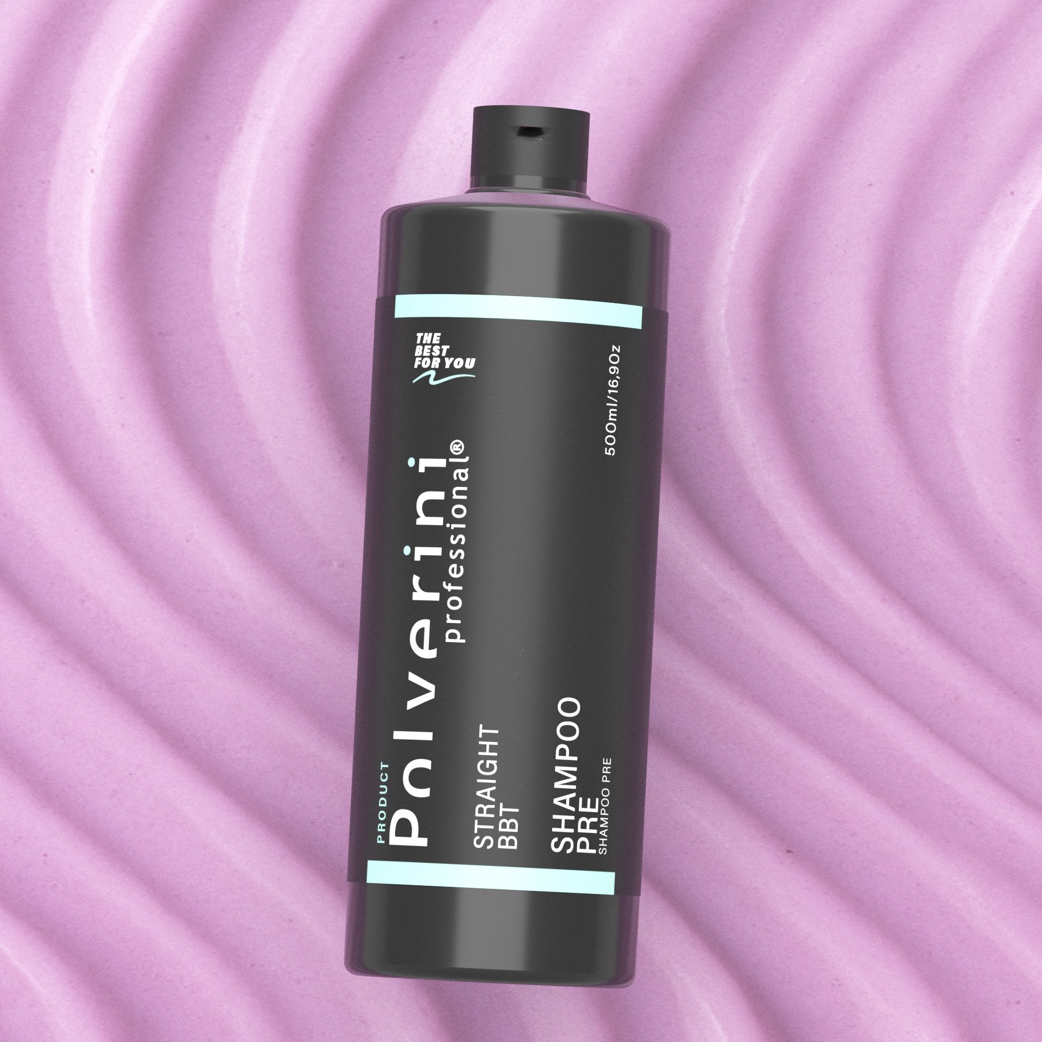 Bottiglia di shampoo professionale nero su sfondo rosa.