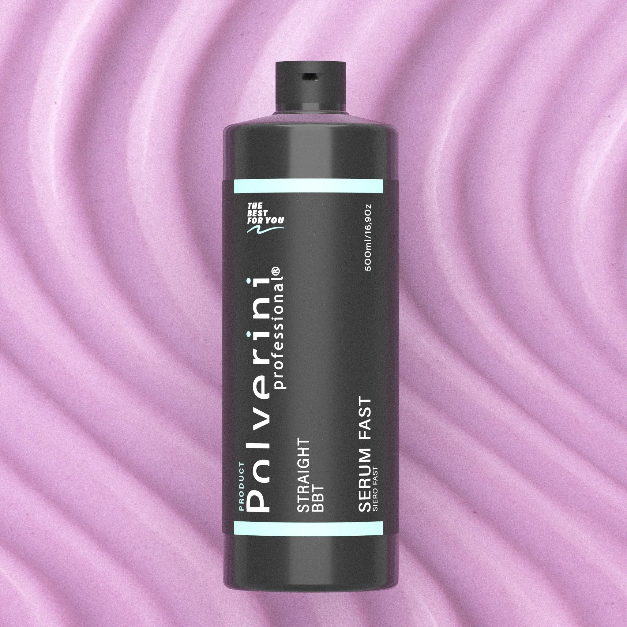 Bottiglia di shampoo nero su sfondo rosa con onde.