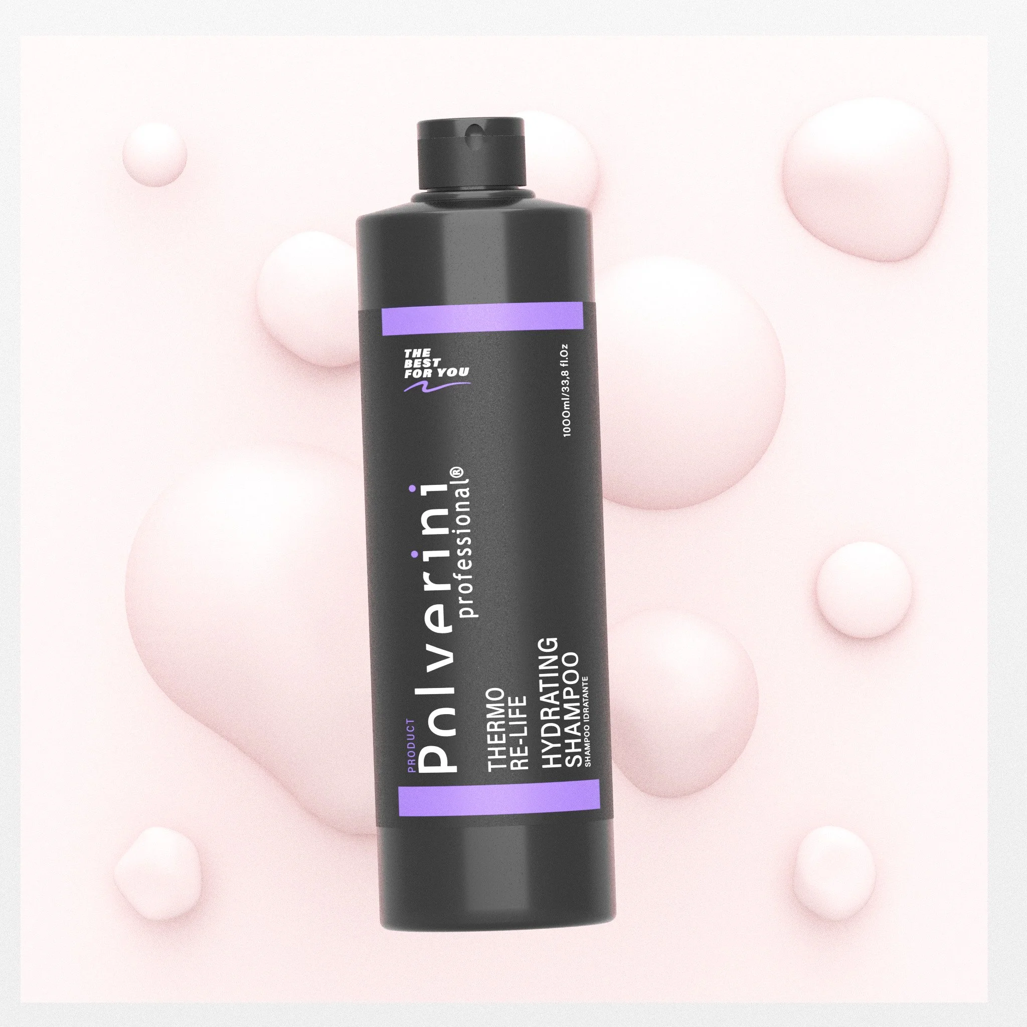 Bottiglia di shampoo idratante professionale con etichetta nera e dettagli viola, circondata da bolle rosa in uno sfondo rosa chiaro.