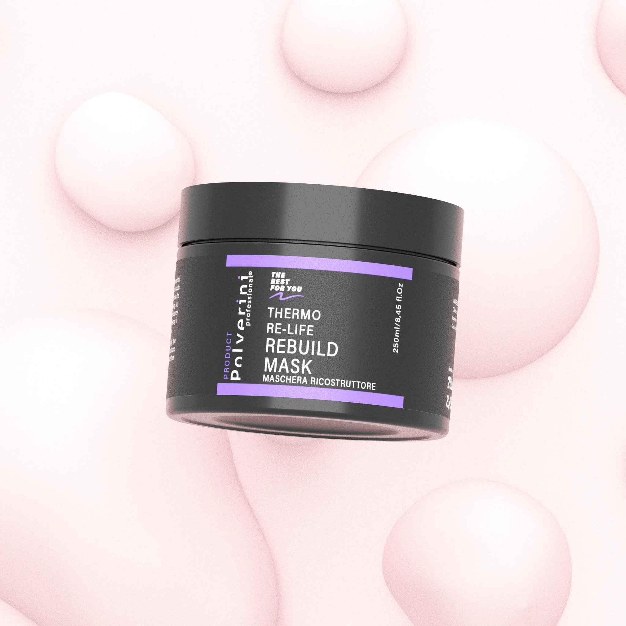 Barattolo di maschera ricostruttiva per il viso sullo sfondo di sfere rosa