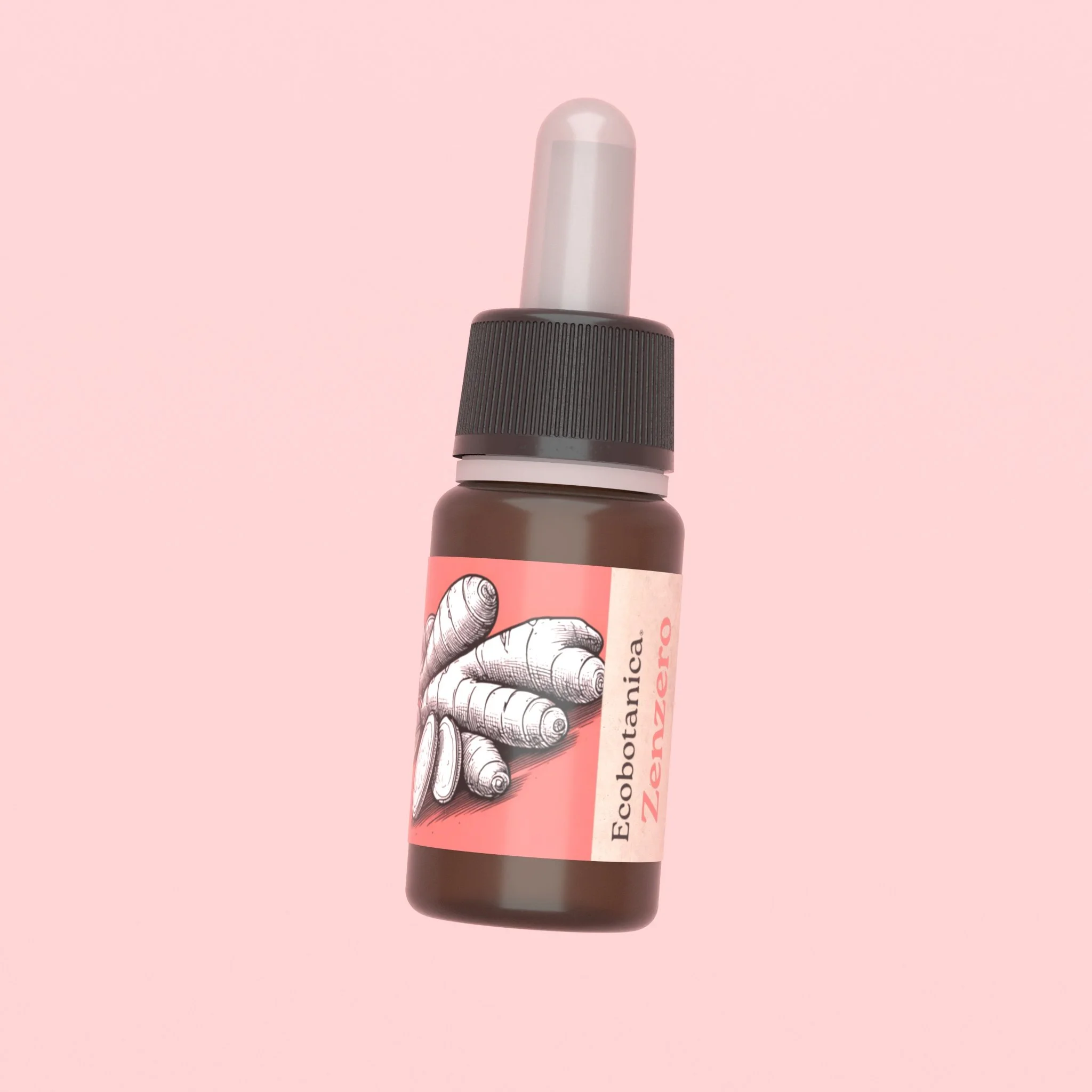 Bottiglia di sciroppo con etichetta color rosa e disegno di zenzero, sfondo rosa chiaro.