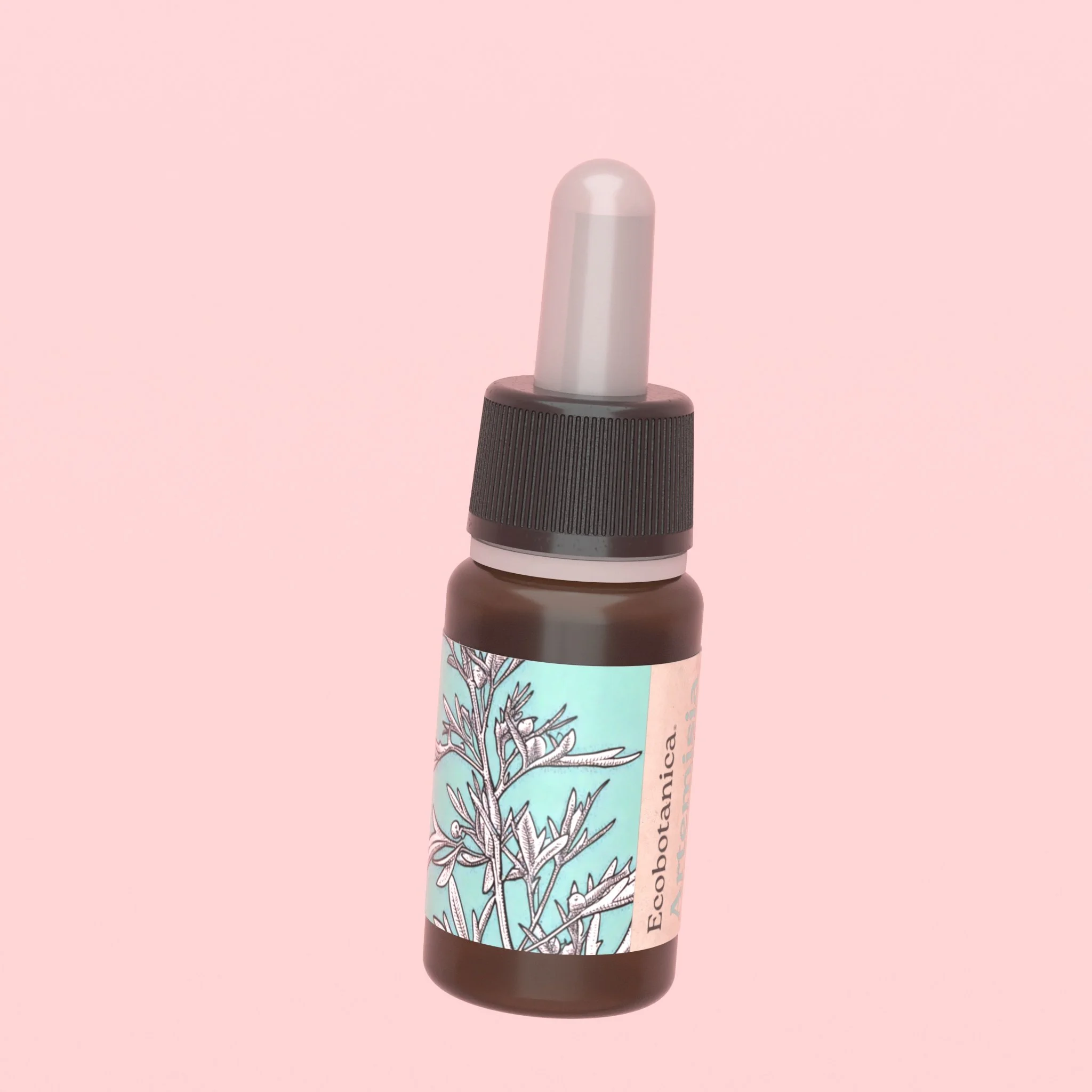 Bottiglia di olio aromatizzato EcoBotanica con etichetta illustrata di un ramoscello di piante, sfondo rosa chiaro.