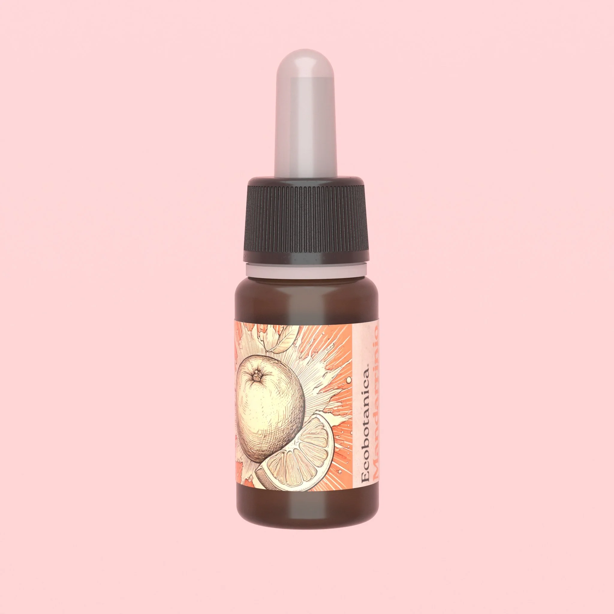 Bottiglia di prodotto con etichetta illustrata di un limone e mela, sul fondale rosa.