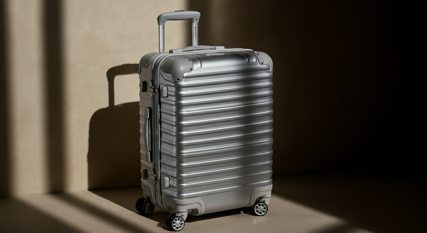 Silver hard-shell carry-on suitcase with wheels and extended handle, shadowed on a beige wall.