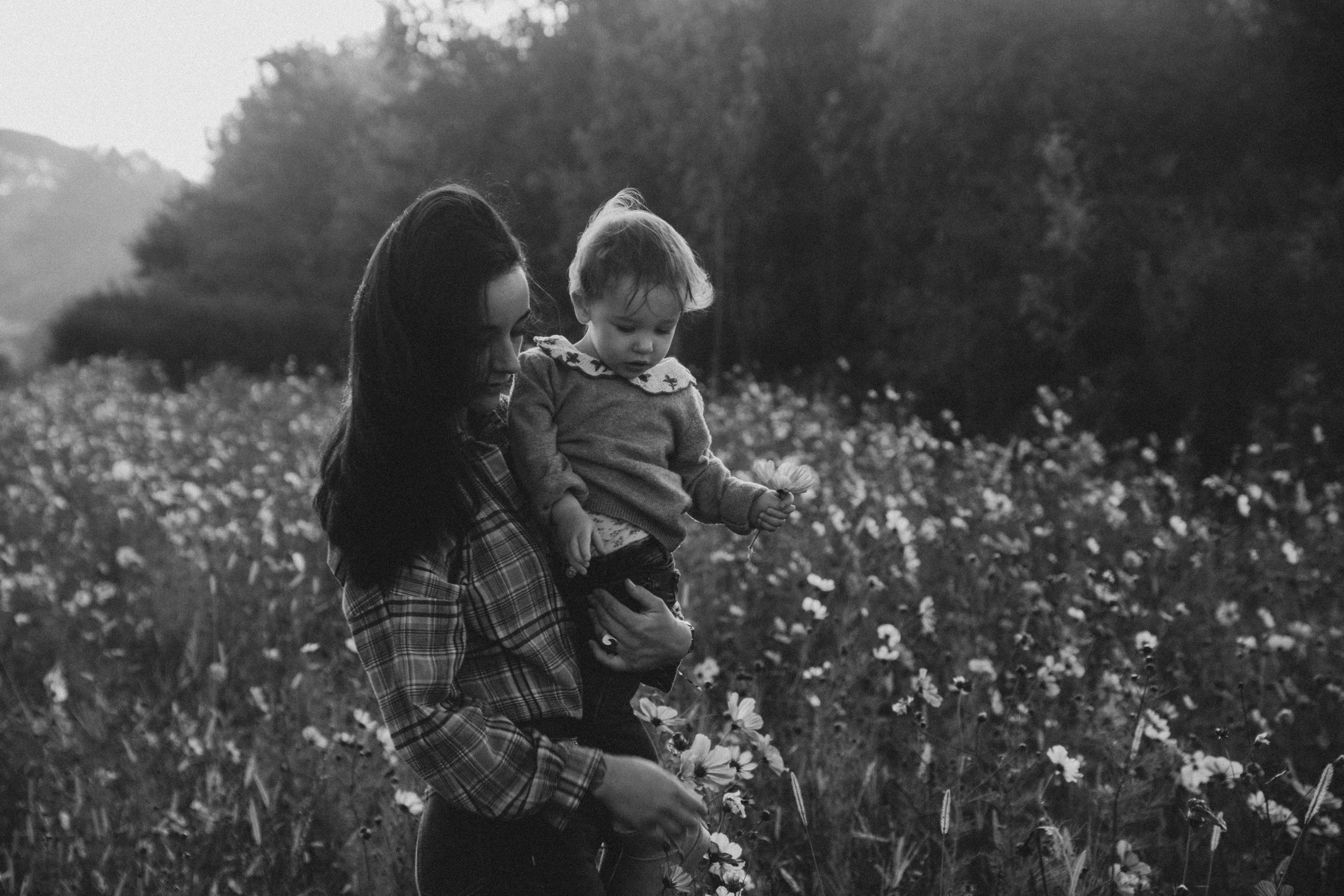 Une femme tient un petit garçon dans un champ de fleurs, tous deux regardant quelque chose dans la main du garçon, avec des arbres en arrière-plan, en noir et blanc.
