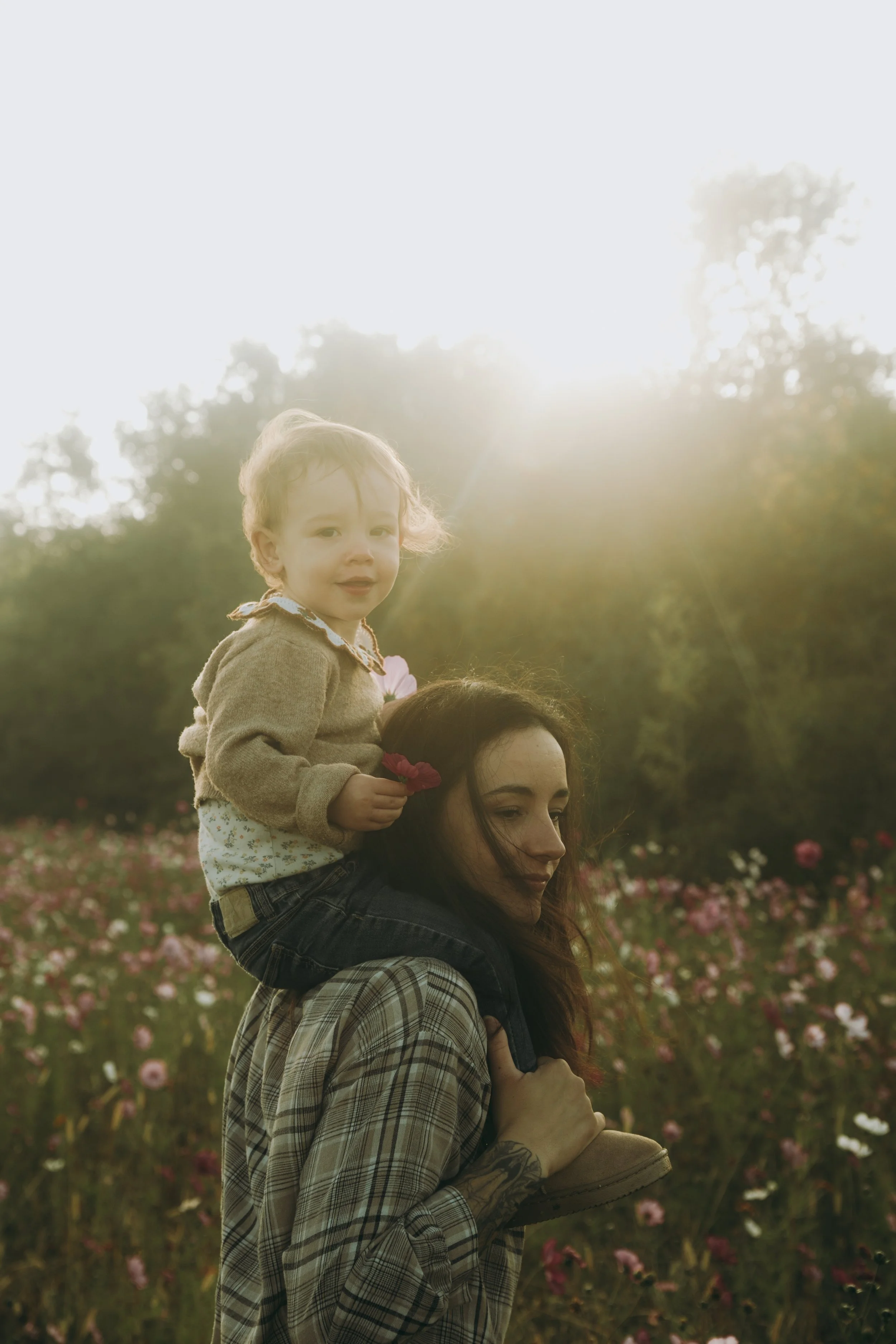 Une femme portant un enfant sur ses épaules dans un champ de fleurs avec le soleil couchant en arrière-plan.