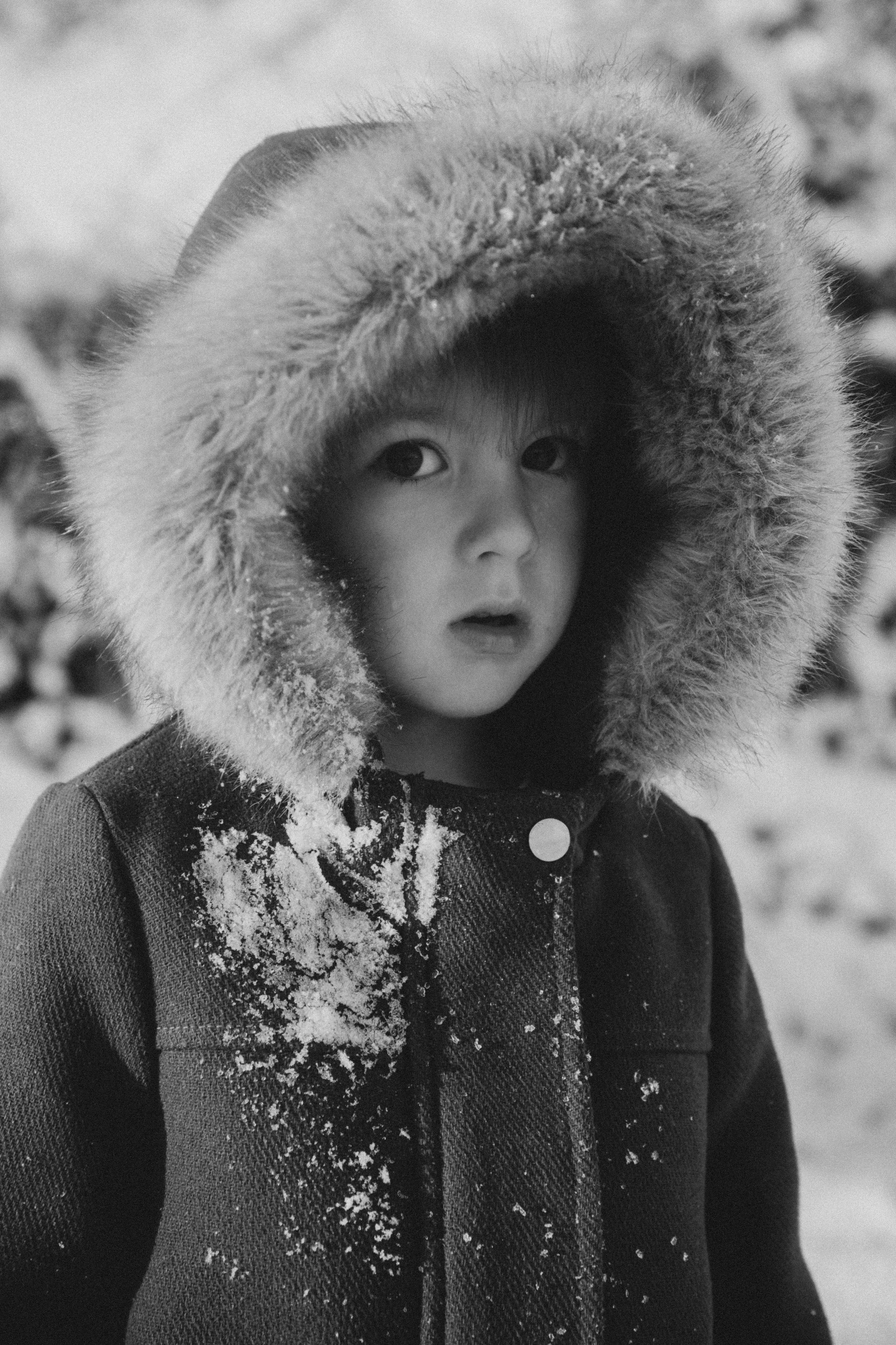 Un enfant portant un manteau avec une capuche en fourrure, avec de la neige sur ses vêtements, dans un paysage enneigé.