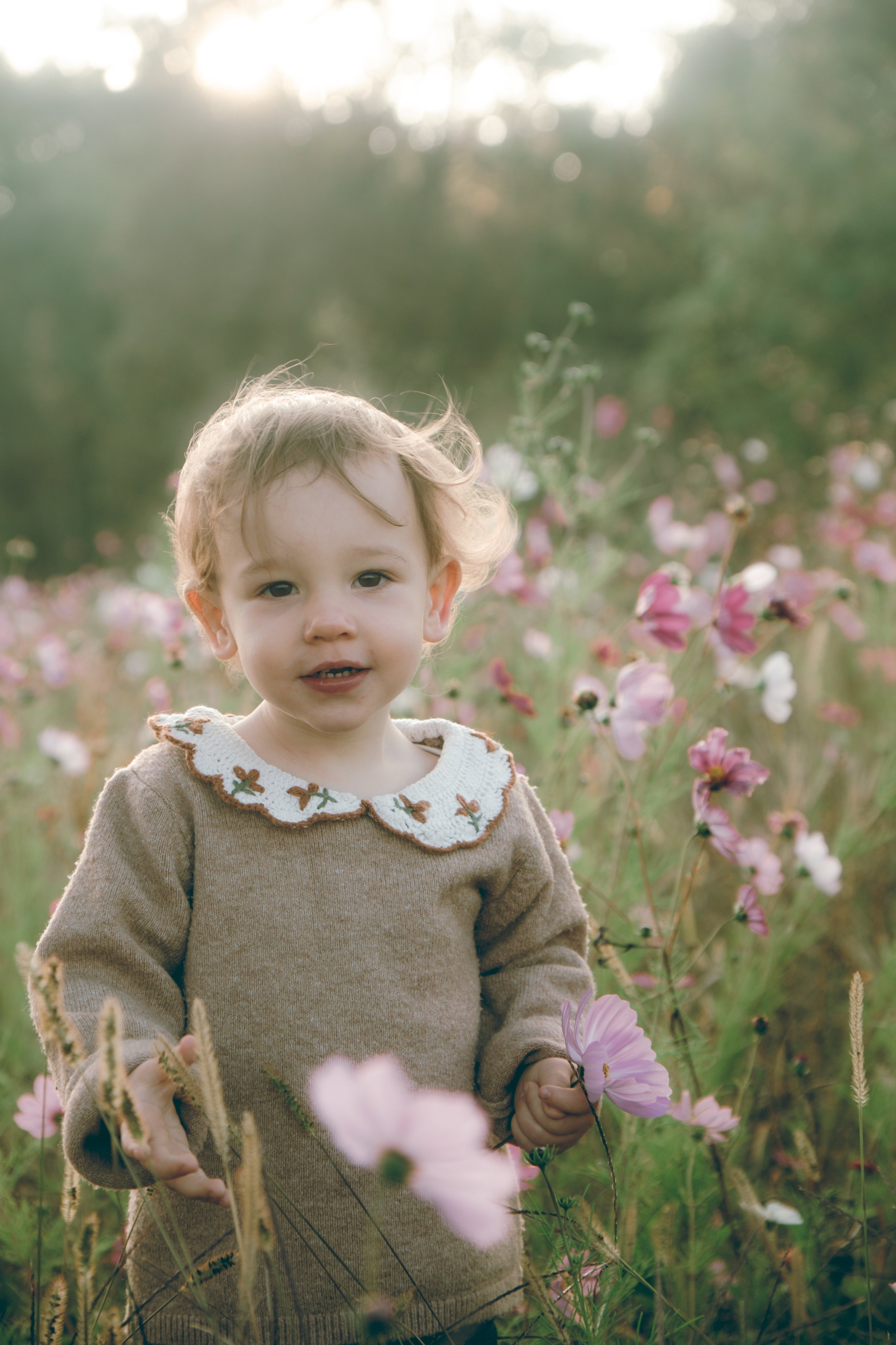 Jeune enfant dans un champ de fleurs roses, tenue beige avec col en crochet blanc et détails marron, tenant une fleur dans la main, éclairage doux au coucher du soleil.