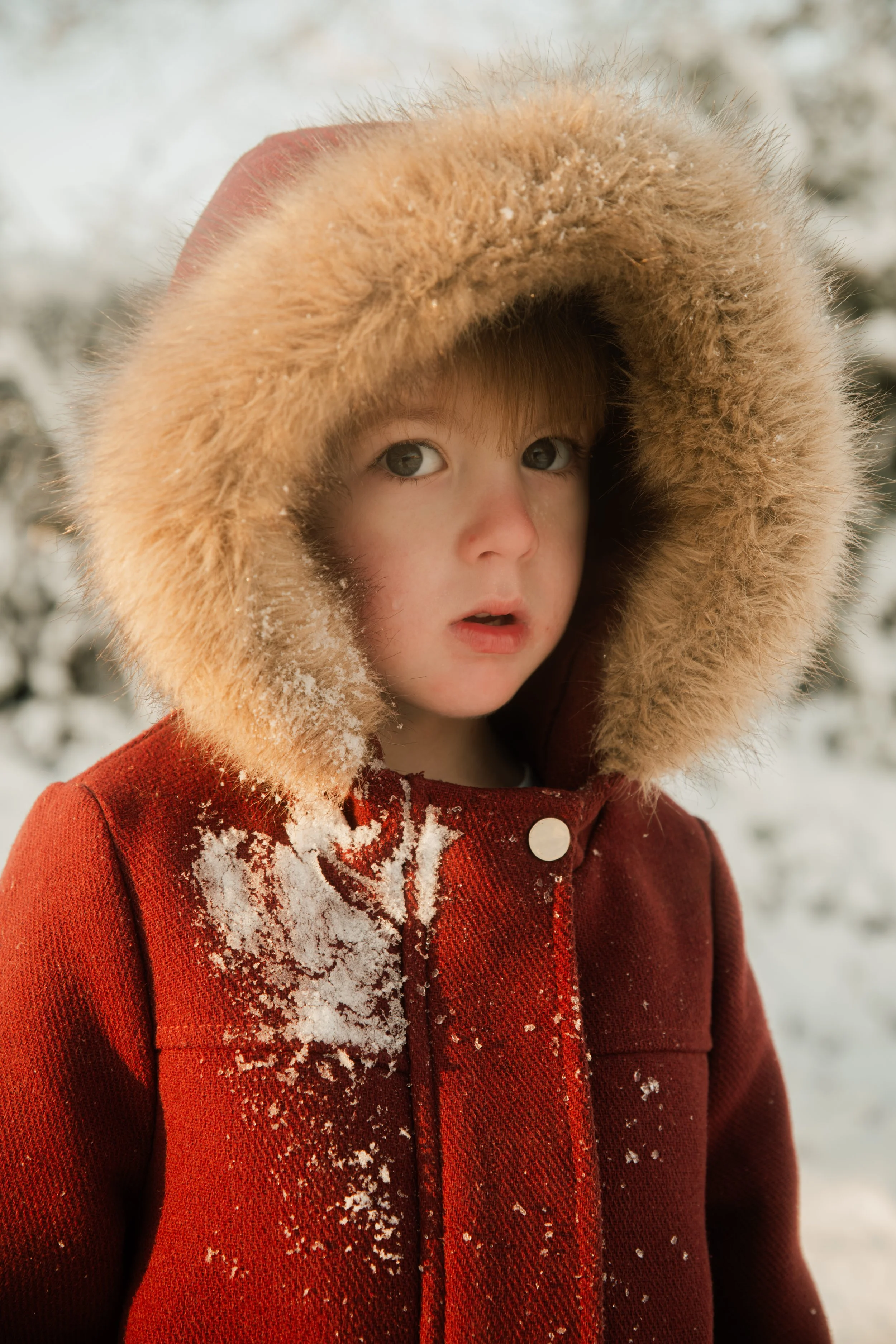 Jeune garçon portant un manteau rouge avec une capuche en fourrure, dans un paysage enneigé.