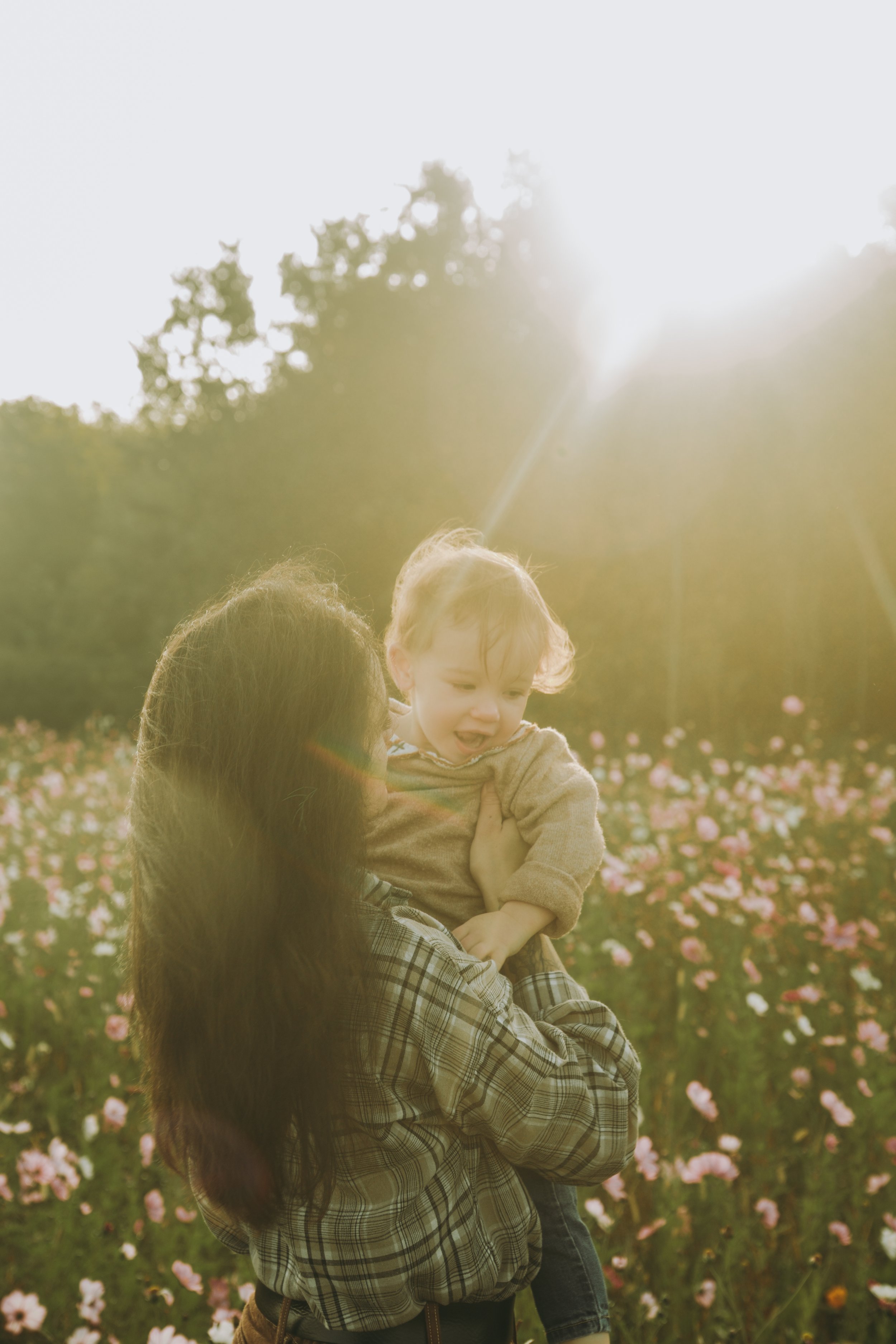 Une femme tient un jeune enfant dans un champ de fleurs, avec le soleil brillamment en arrière-plan.