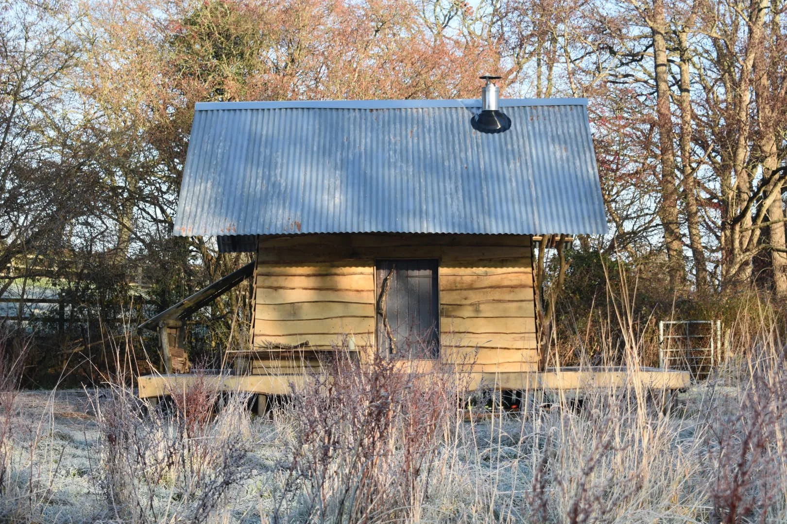 A small wooden shed with a corrugated metal roof, surrounded by frosty grass and trees in the background.
