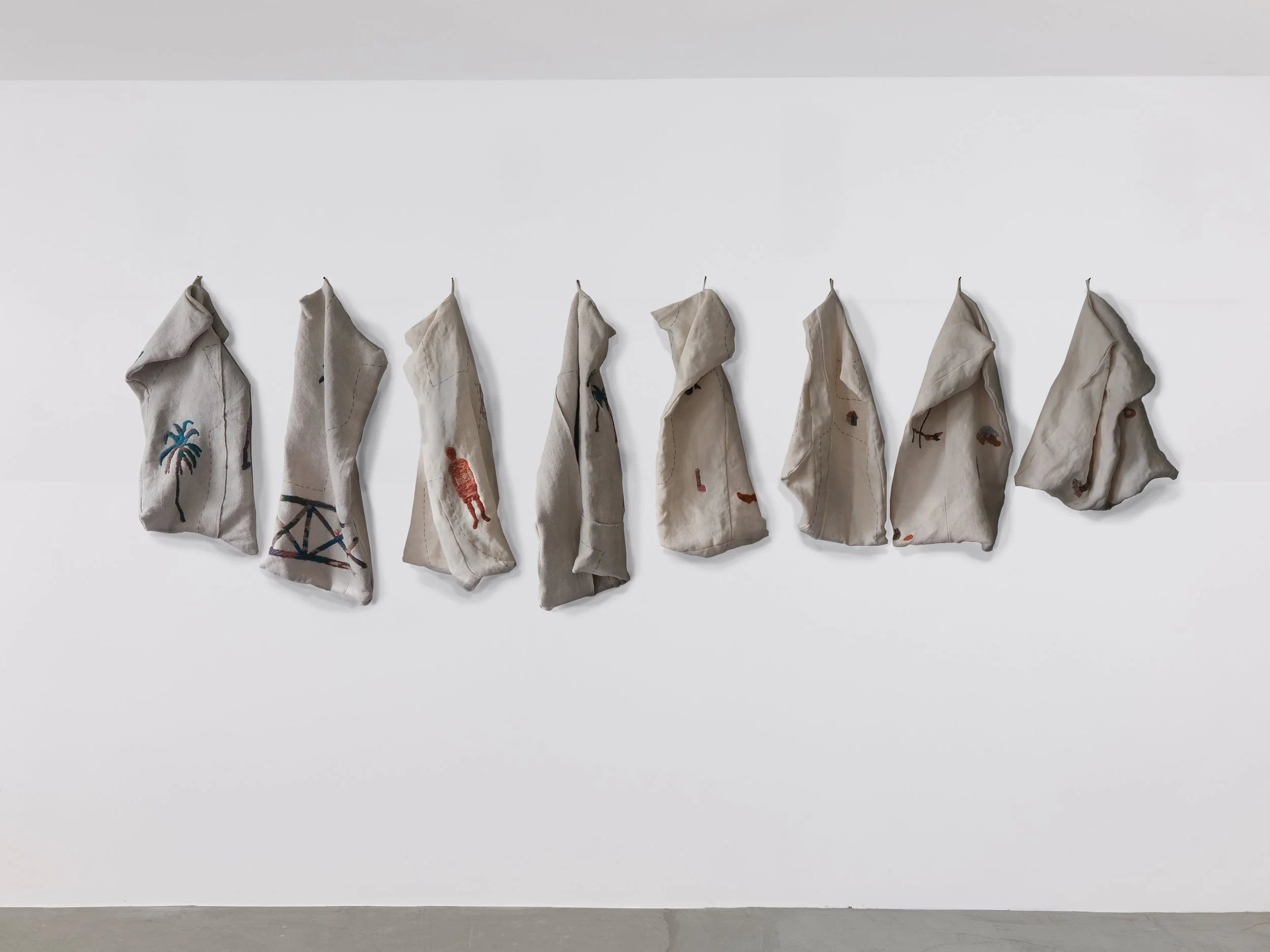 Joachim Perez
North American Tour, 2026
Wool embroidery on vintage german and
belgium fabric
Size vary (8 pieces installation)

price upon request