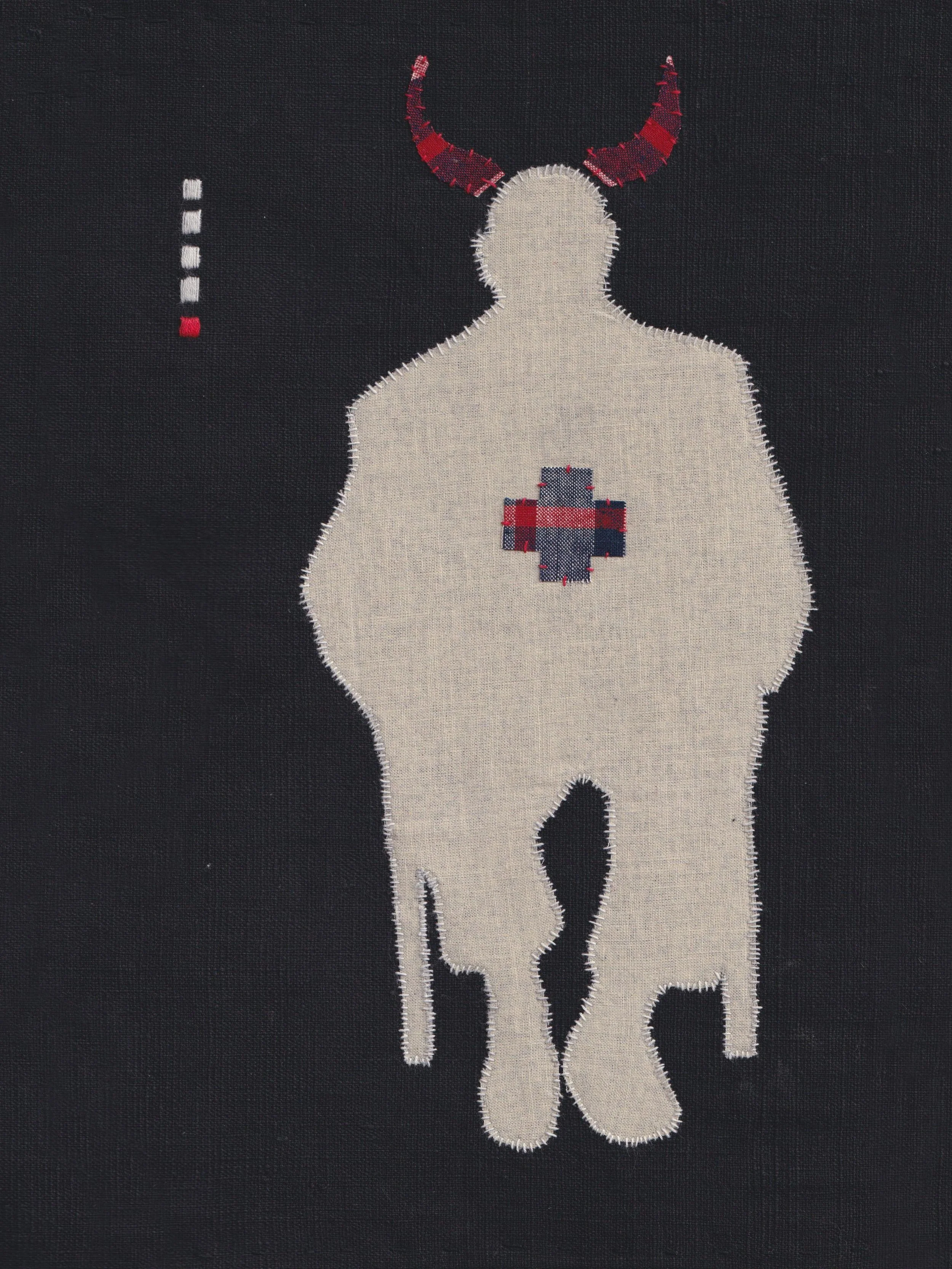 Rudo, 2026
Appliqué on antique fabric, Japanese white cotton thread
Framed in oak with museum glass
30 x 28 cm unframed
38 x 46 cm  framed
Unique piece


CHF 2'800