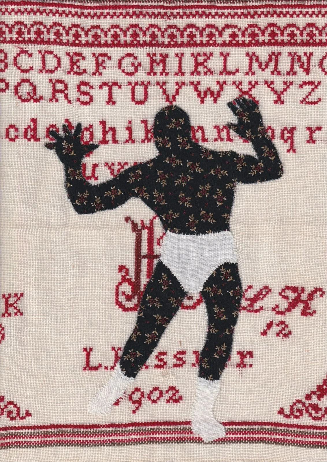 Técnico, 2026
Appliqué on antique fabric, Japanese white and red cotton thread
Framed in oak with museum glass
30 x 28 cm unframed
38 x 46 cm  framed
Unique piece

CHF 2'800