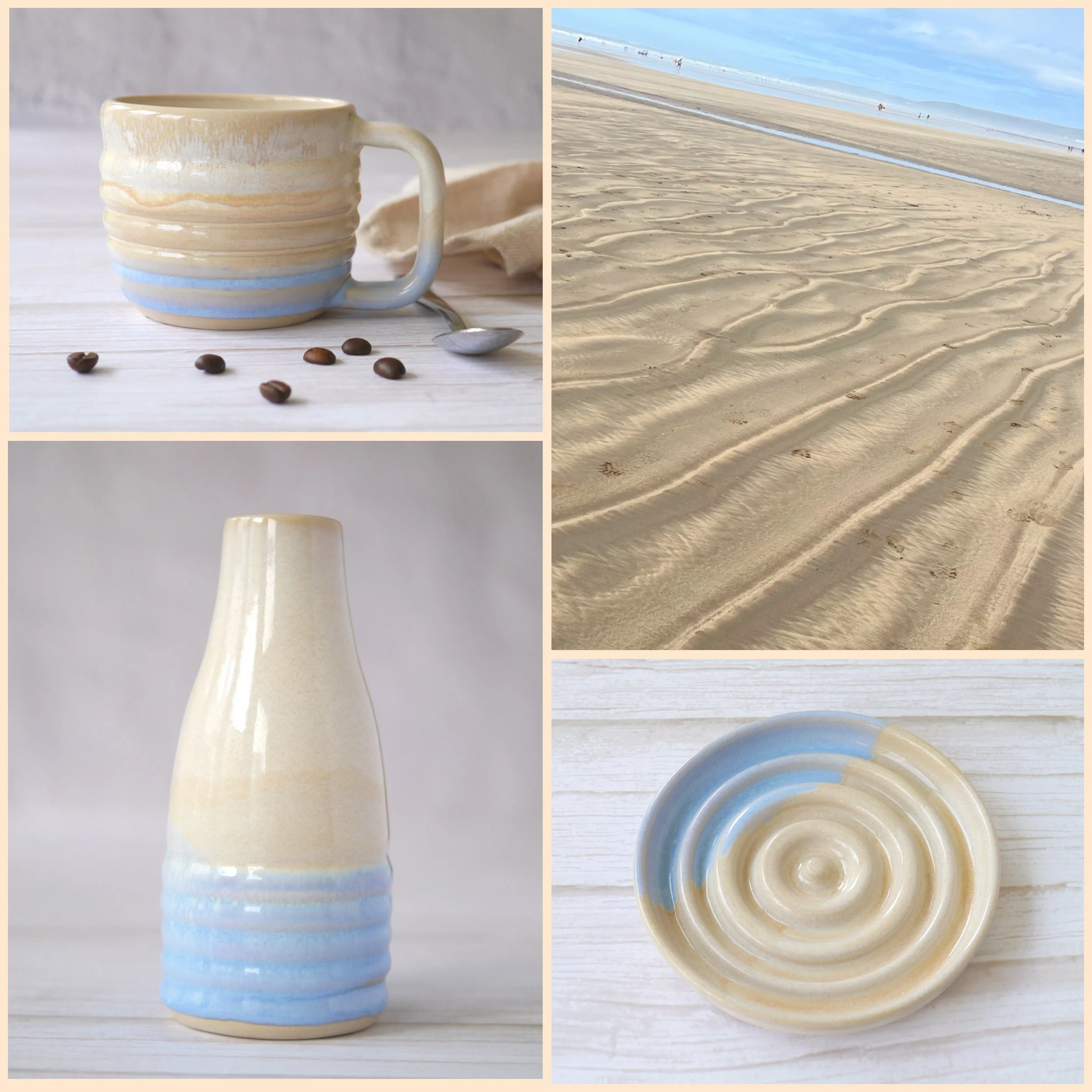 A collage of four images showing where Anna gains her inspiration from. The photo's include a beach with ripples in the sand, a mug with ripple sides, a ceramic vase with ripples, and a spiral soap dish, all featuring beige and blue tones.