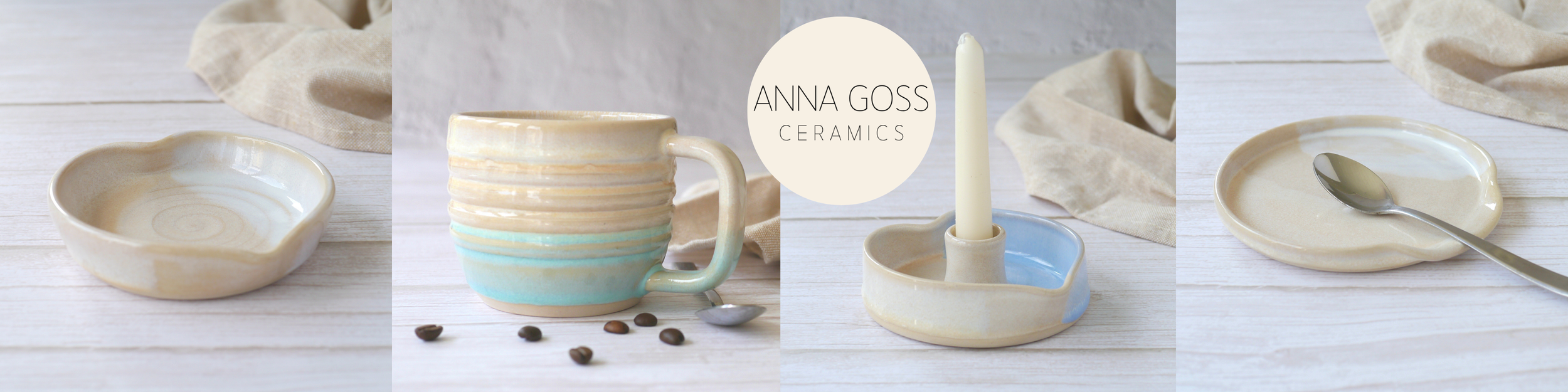 Four pictures in a line of Anna Goss pottery including a beige and white heart shaped trinket dish, a coastal beige and turquoise mug, a blue and beige heart shaped candle holder, and a beige and white spoon rest / tea bag holder