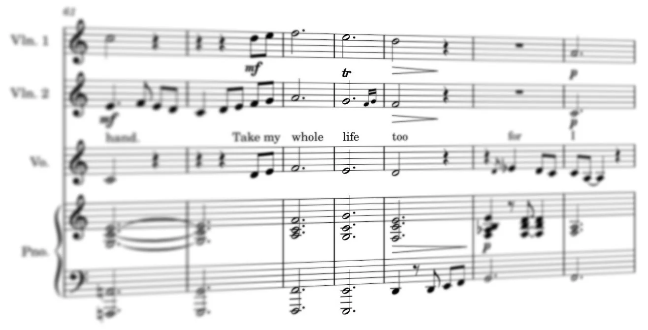 Sheet music for a song with lyrics, including vocal and piano parts, with the lyric "Take my whole life too" visible.