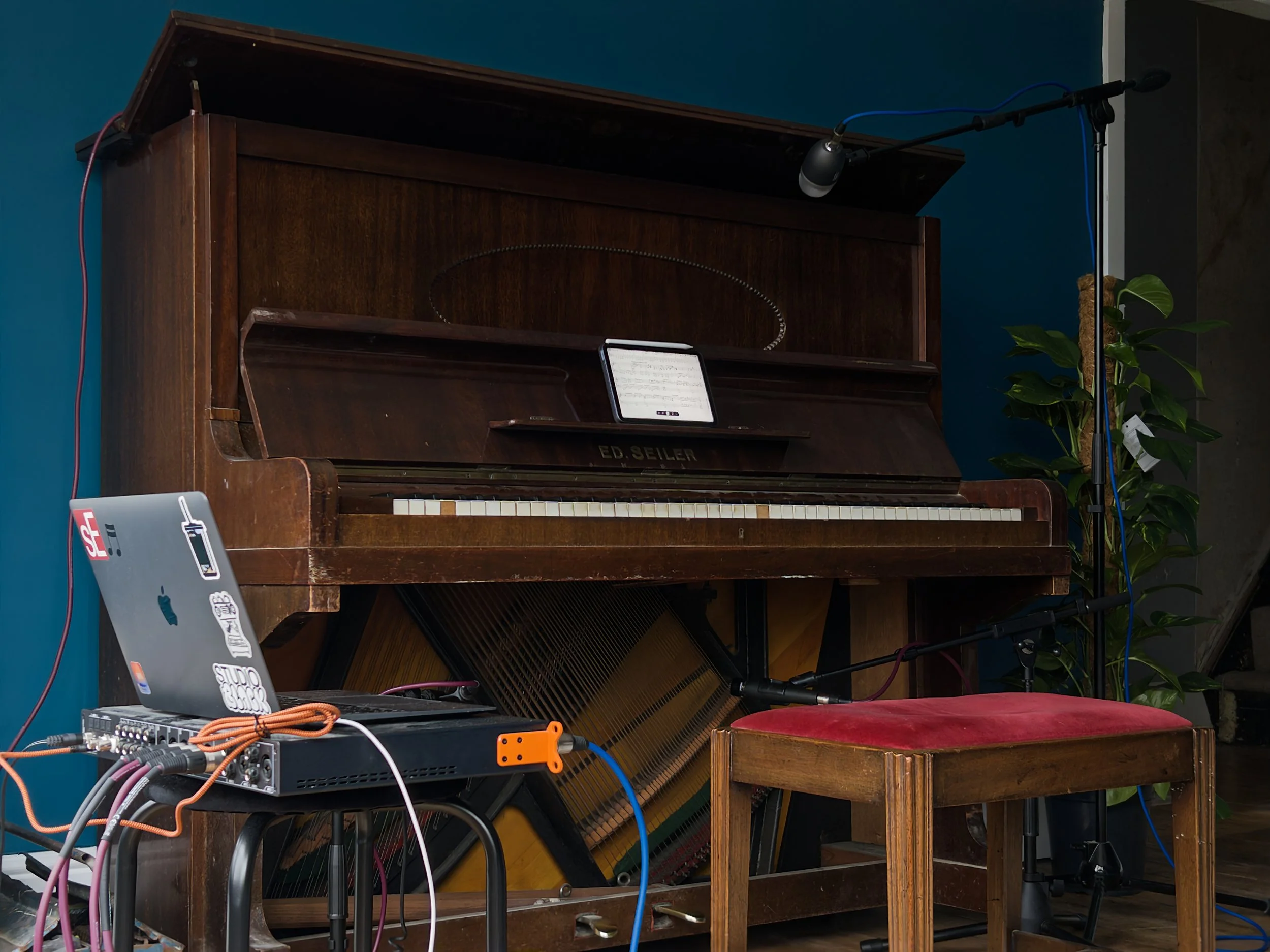 Recording rig and piano from left side.